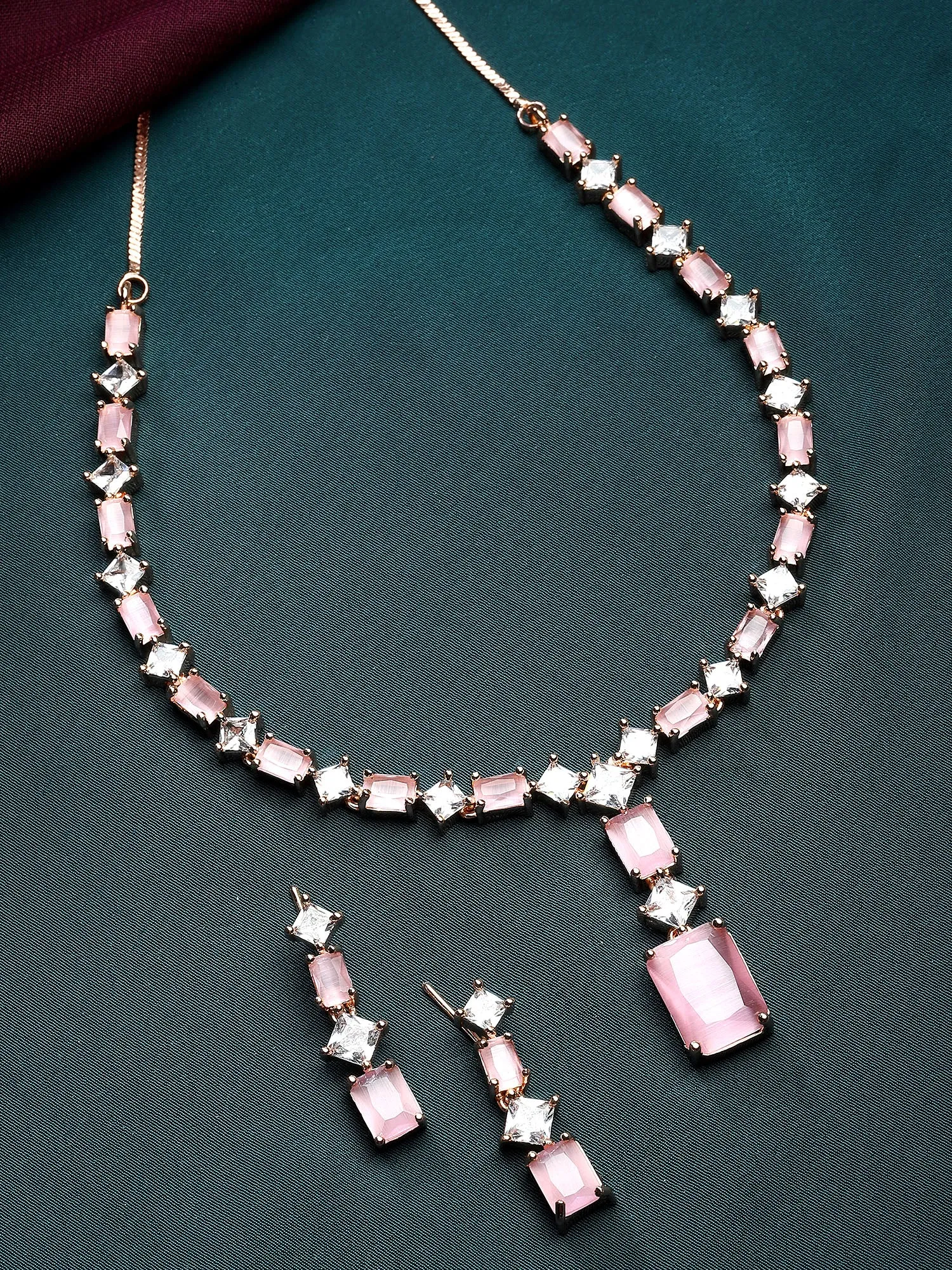 Karatcart Pink Cubic Zirconia Studded Rose Gold Plated Necklace Set for Women
