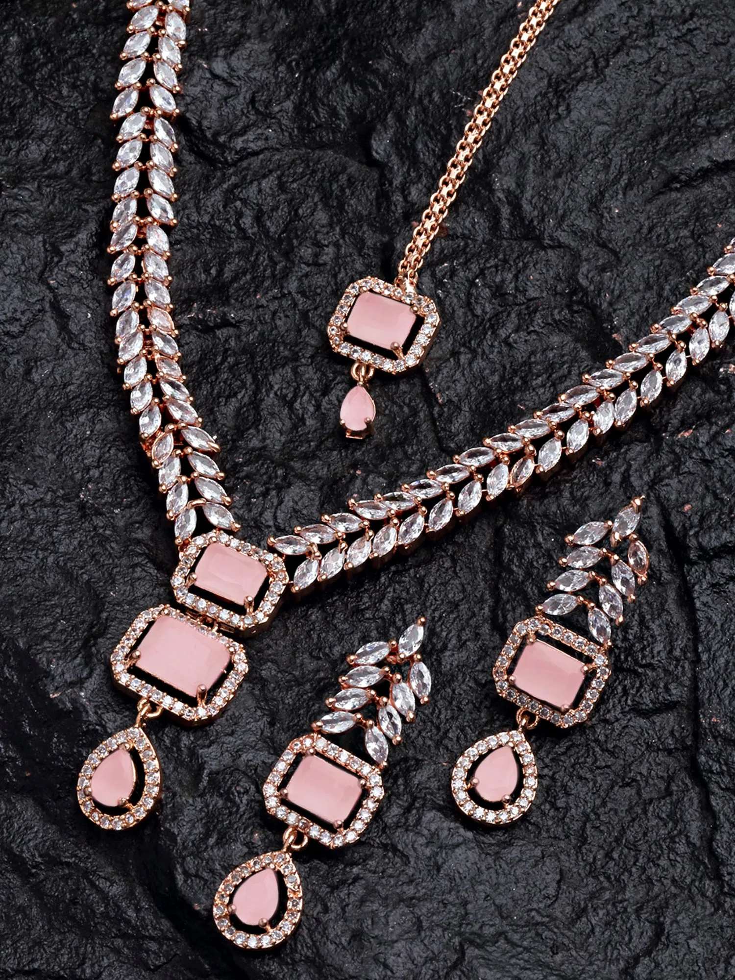 Karatcart Pink Cubic Zirconia Studded Rose-Gold Plated Necklace Set for Women