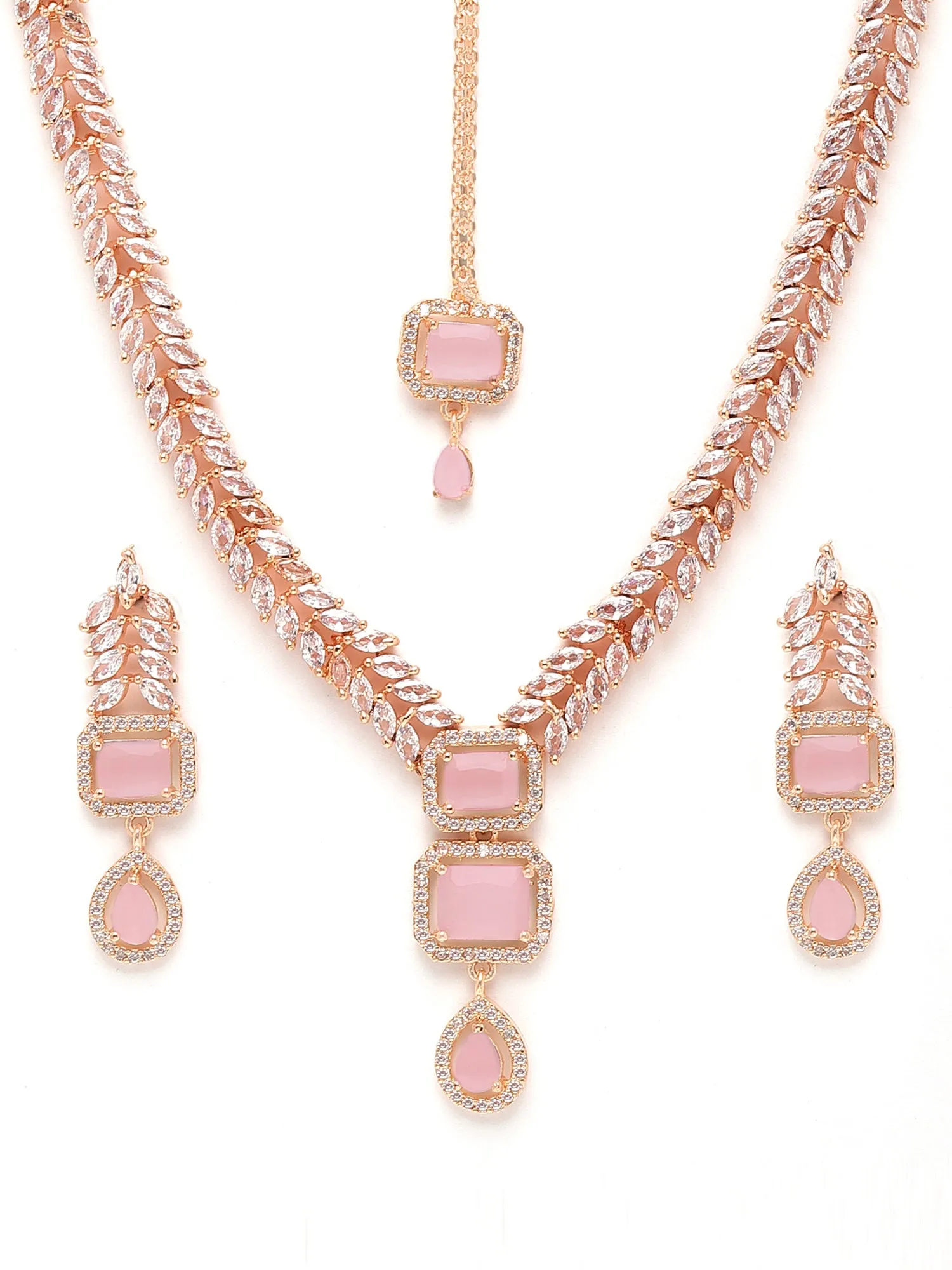 Karatcart Pink Cubic Zirconia Studded Rose-Gold Plated Necklace Set for Women