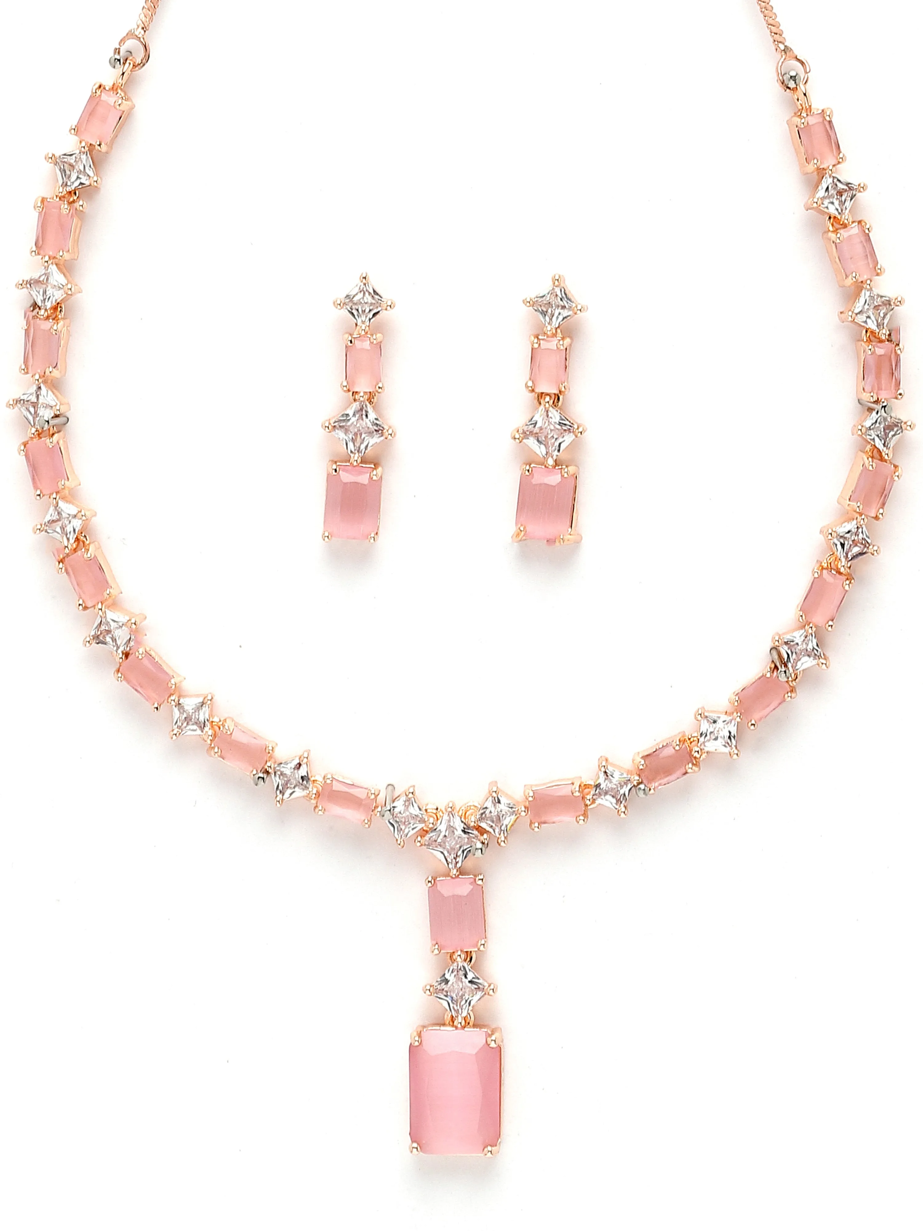 Karatcart Pink Cubic Zirconia Studded Rose Gold Plated Necklace Set for Women