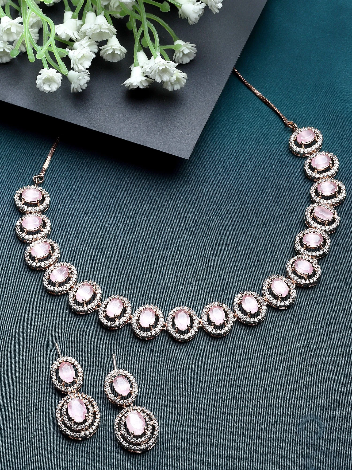 Karatcart Pink CZ Studded Rose Gold Plated Necklace Set for Women