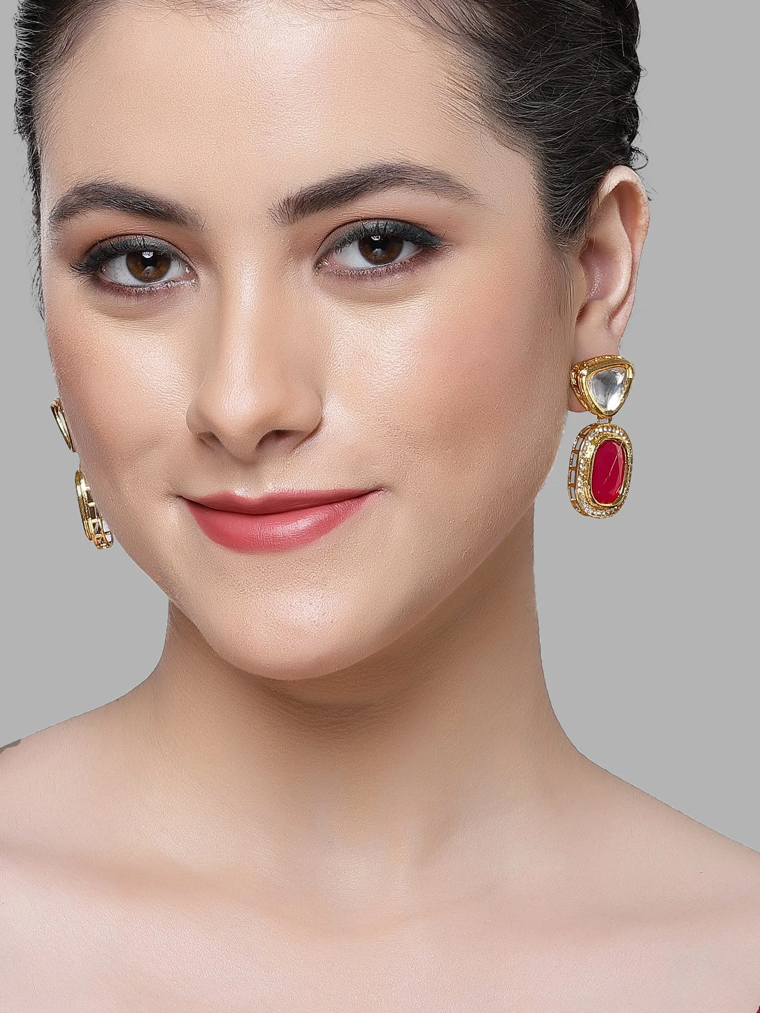 Karatcart Red and Gold Set of 2 Polki Kundan Drop Earrings for Women