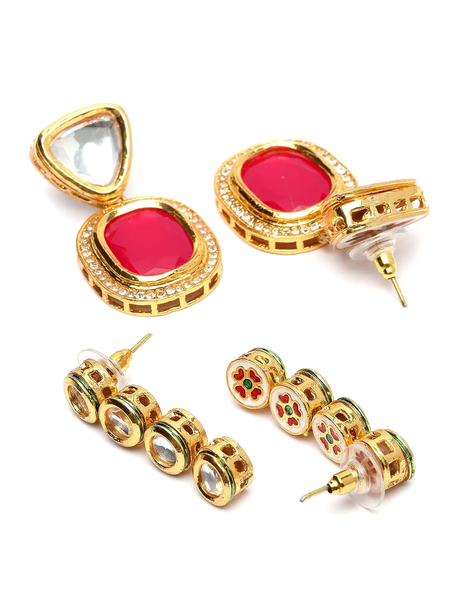 Karatcart Red and Gold Set of 2 Polki Kundan Drop Earrings for Women