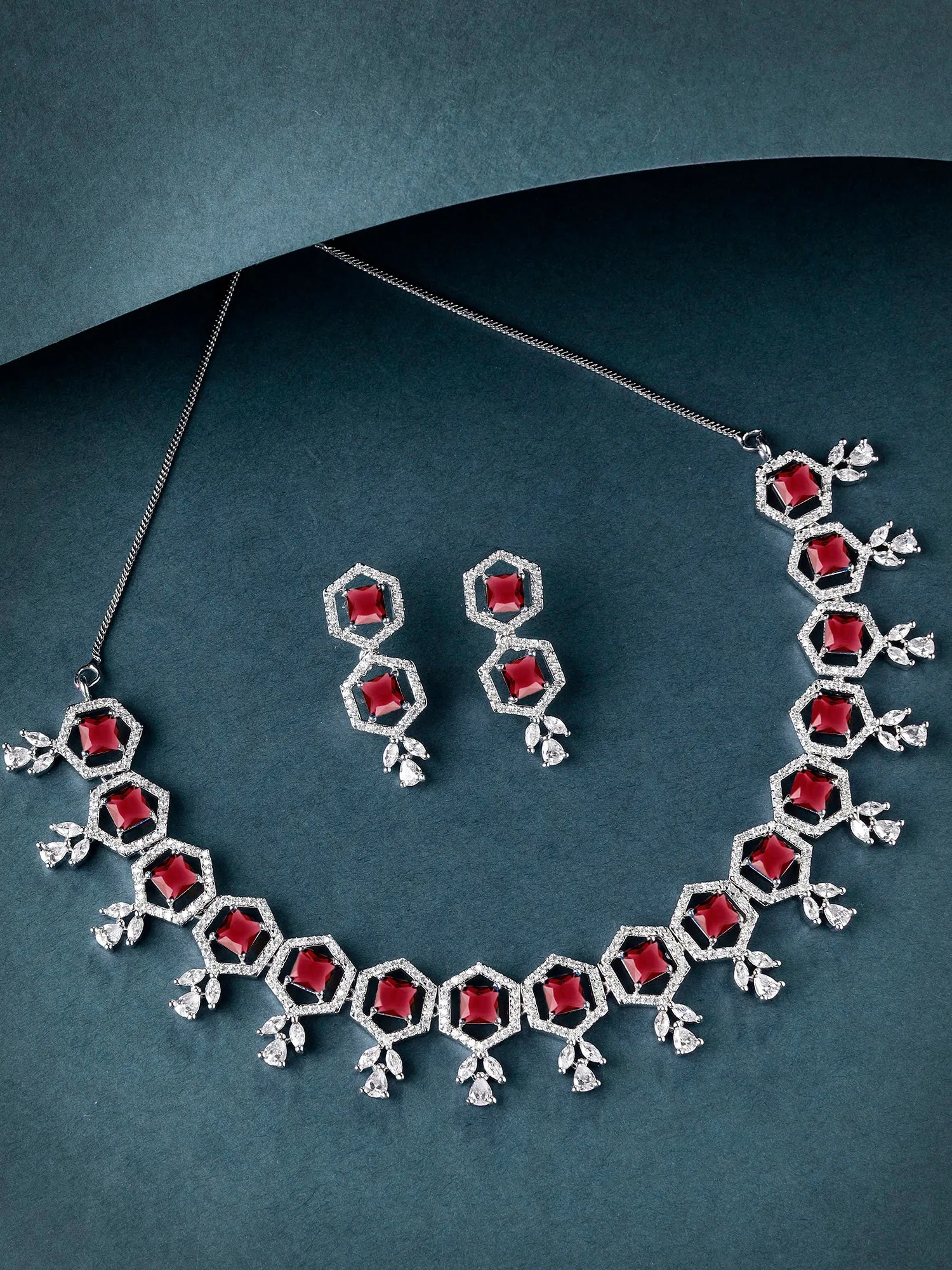 Karatcart Red Cubic Zirconia Studded Light Weight Jewellery Set for Women
