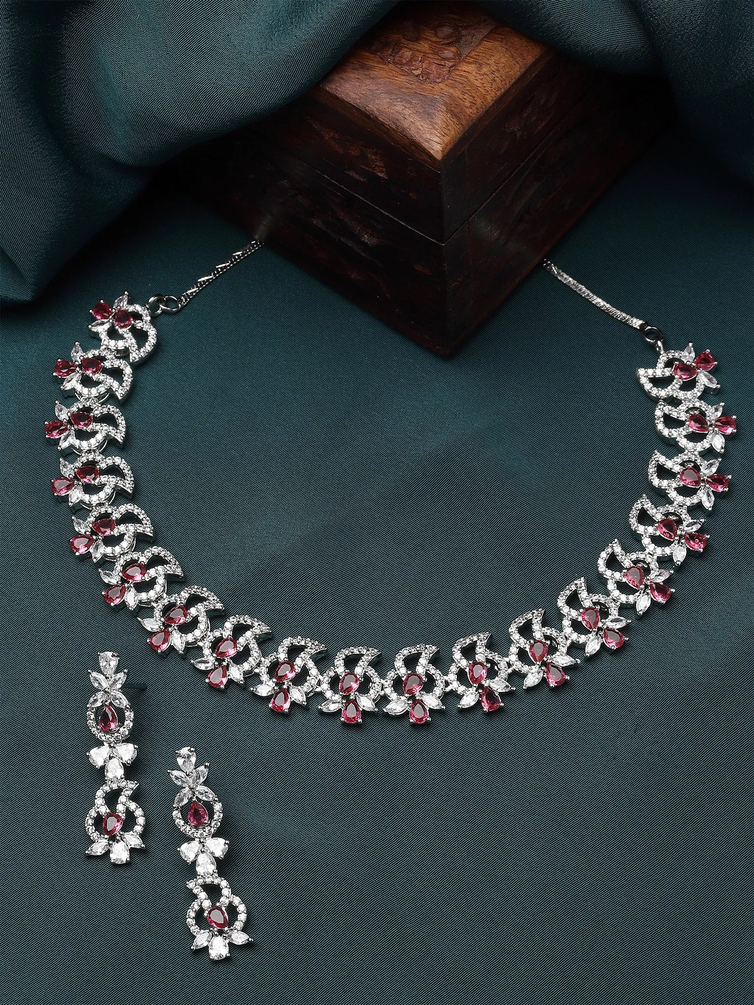 Karatcart Red Cubic Zirconia Studded Silver Plated Necklace Set for Women