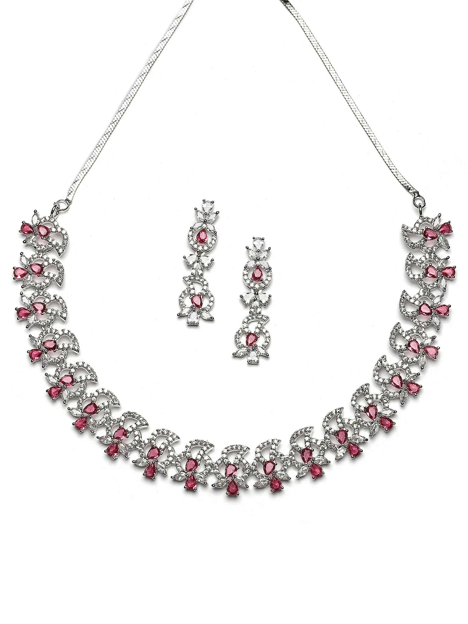 Karatcart Red Cubic Zirconia Studded Silver Plated Necklace Set for Women
