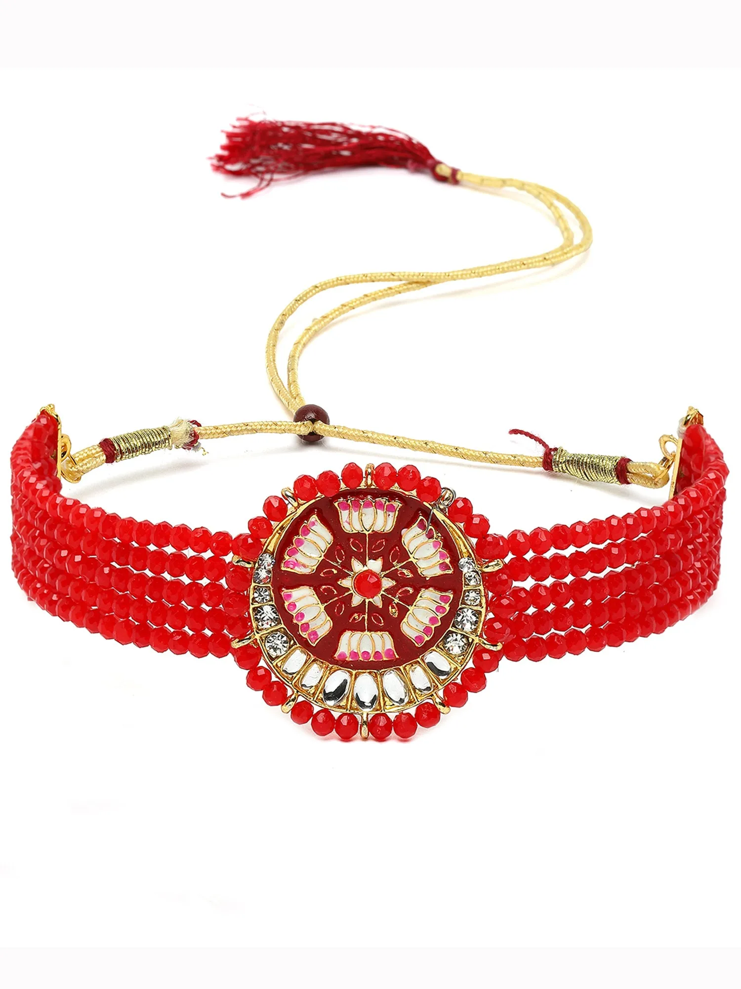Karatcart Red Meena Lotus Design Crystal Choker Necklace Set for Women