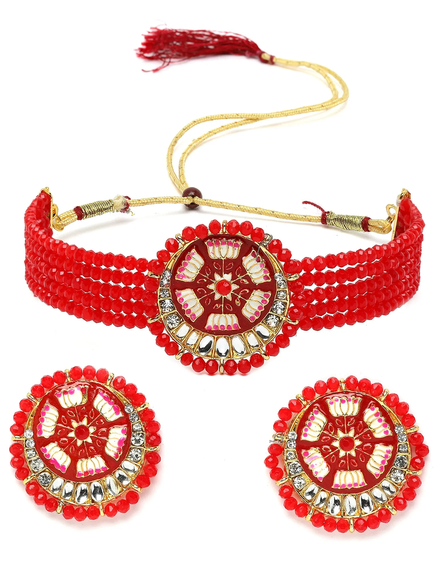 Karatcart Red Meena Lotus Design Crystal Choker Necklace Set for Women