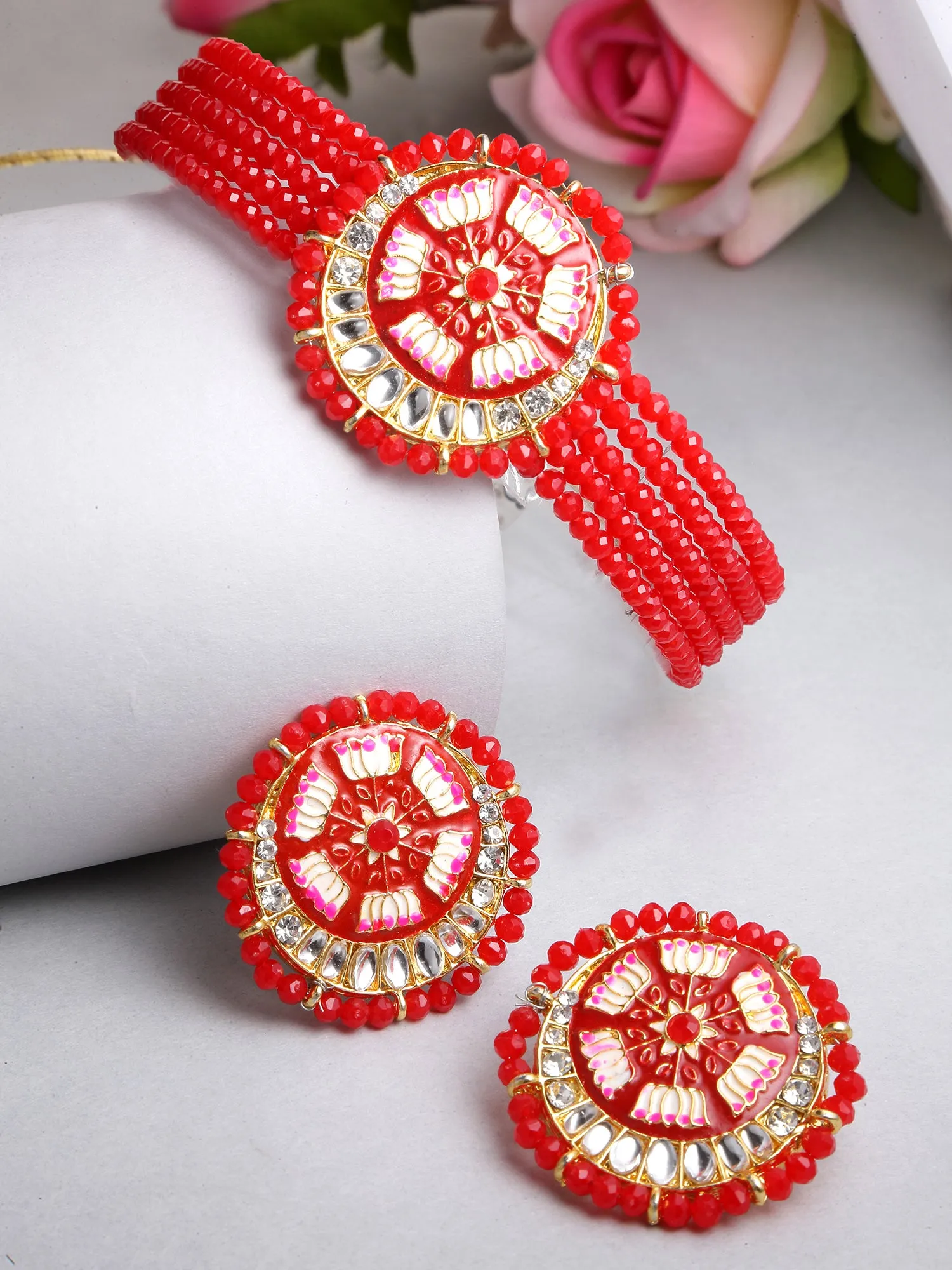 Karatcart Red Meena Lotus Design Crystal Choker Necklace Set for Women