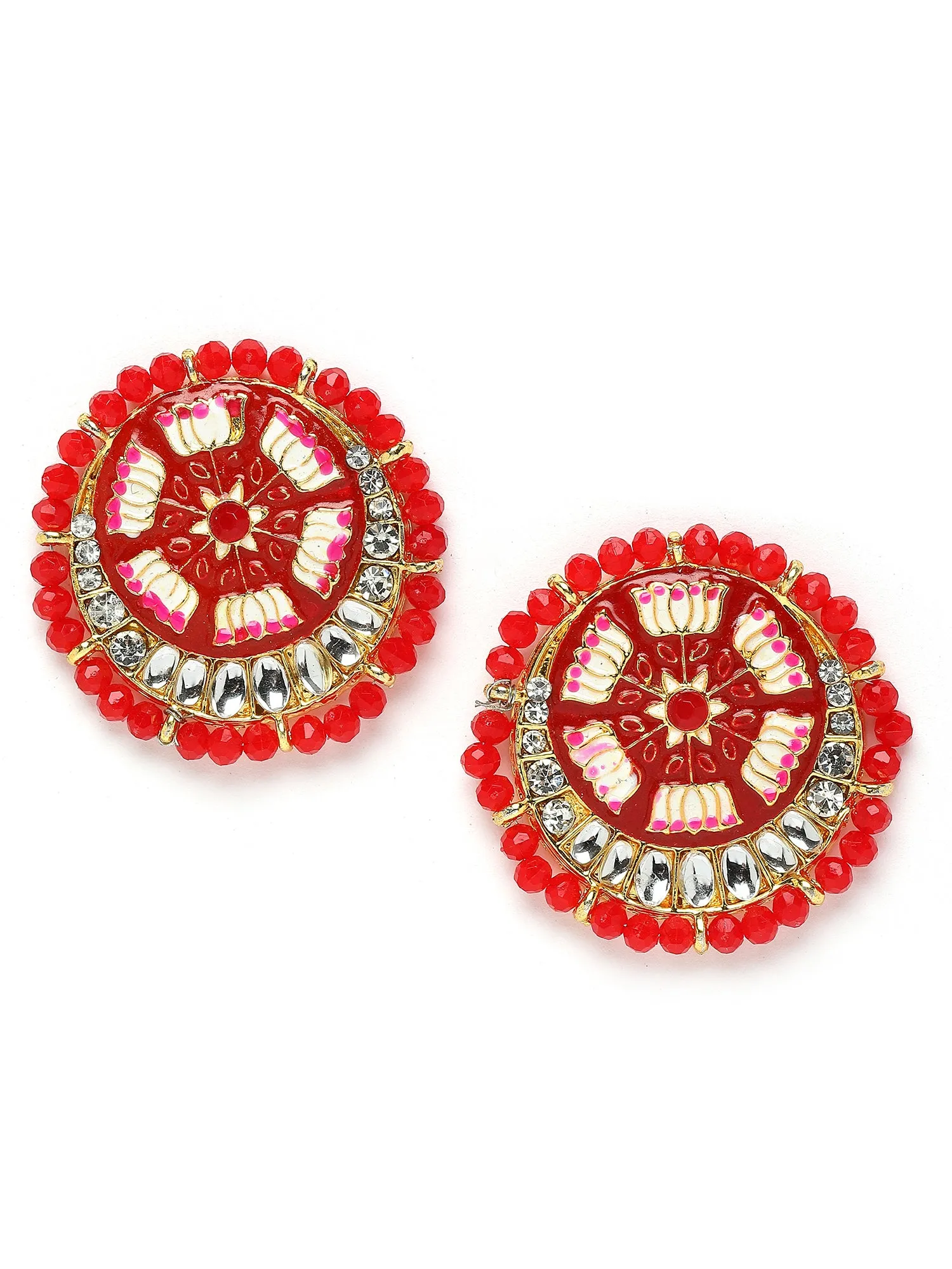 Karatcart Red Meena Lotus Design Crystal Choker Necklace Set for Women