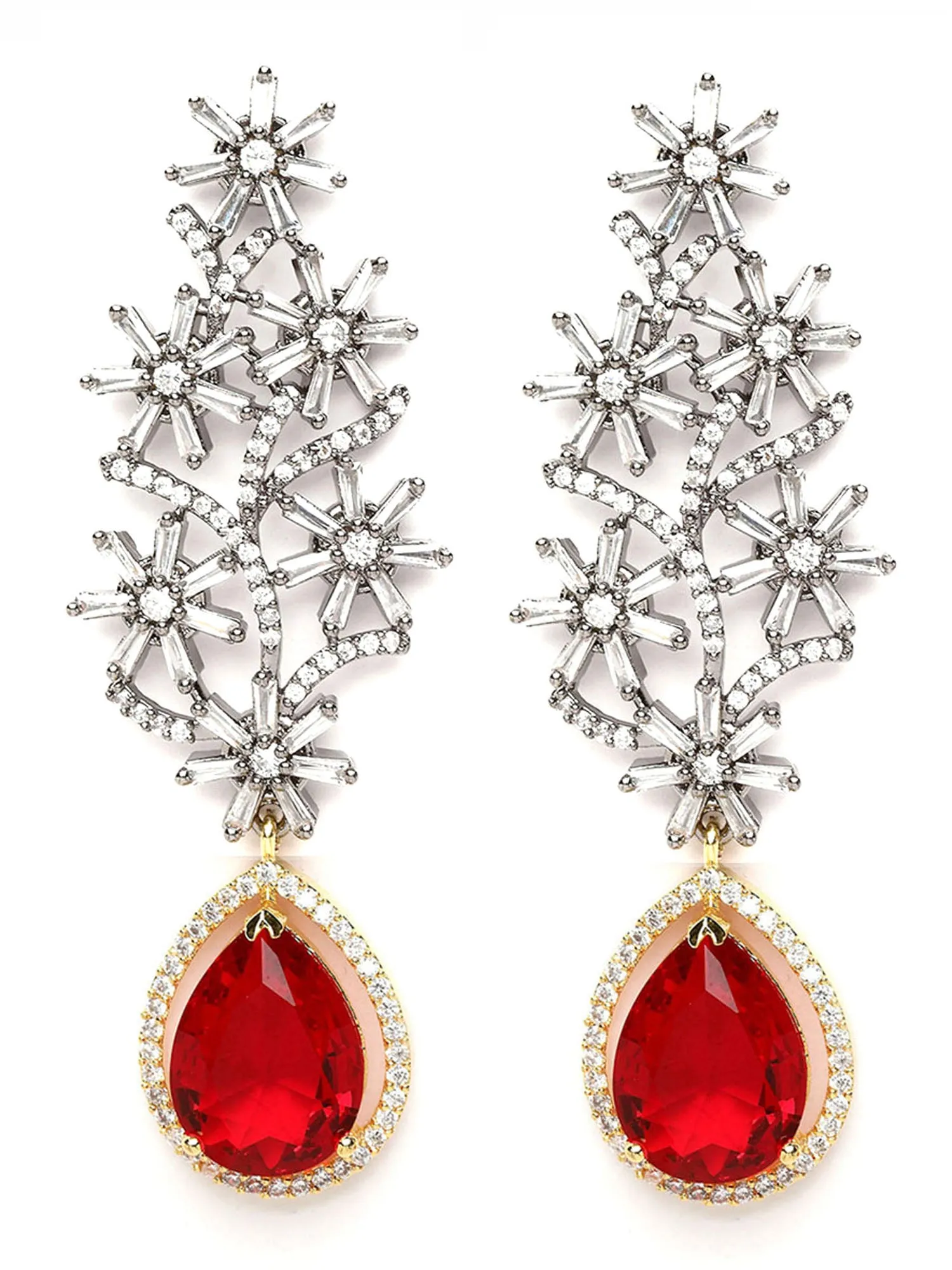 Karatcart Red Stone Studded Black Tone AD Earrings for Women