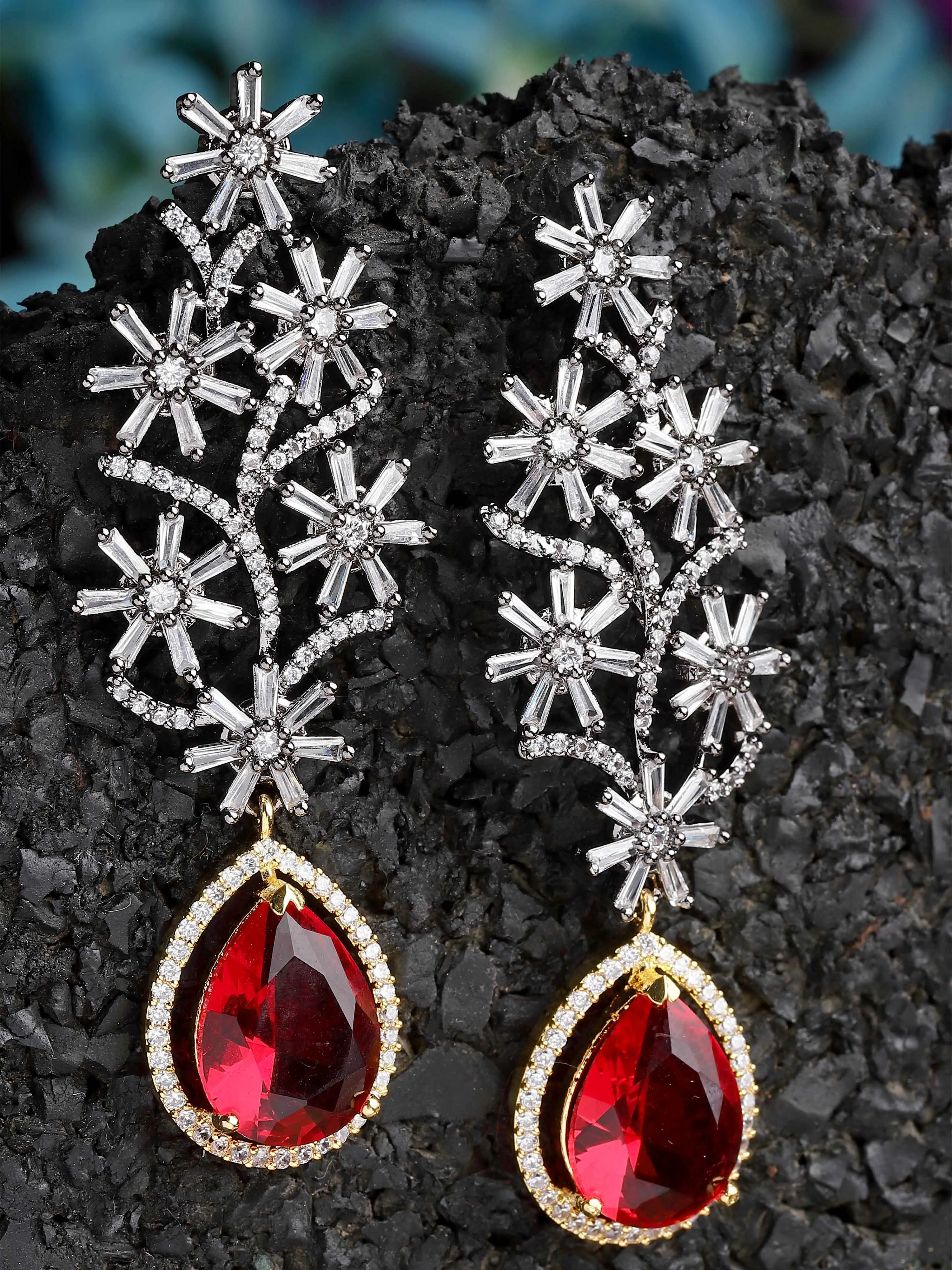 Karatcart Red Stone Studded Black Tone AD Earrings for Women
