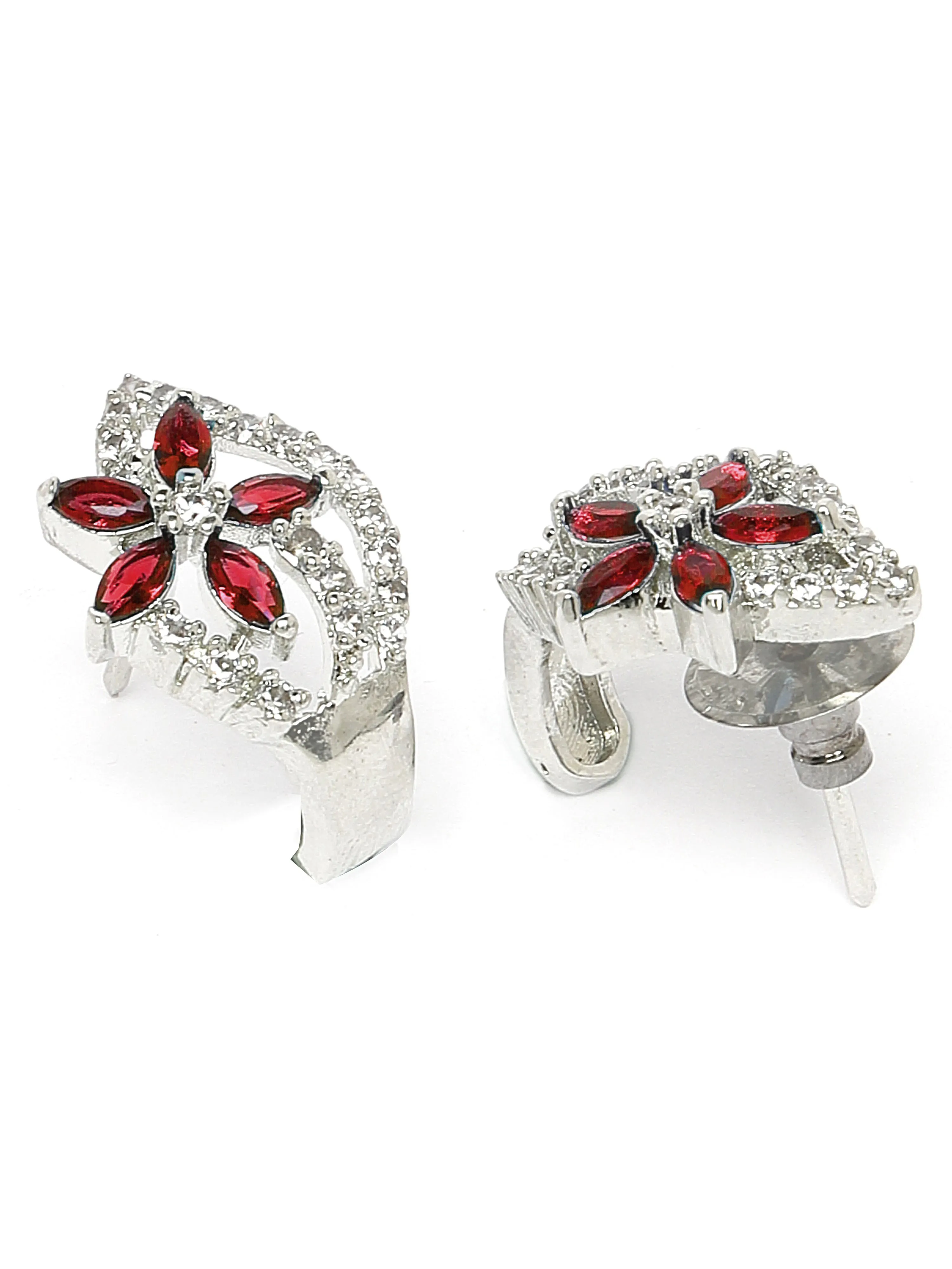 Karatcart Red Stones Silver Plated Floral Design AD Stud Earrings for Women