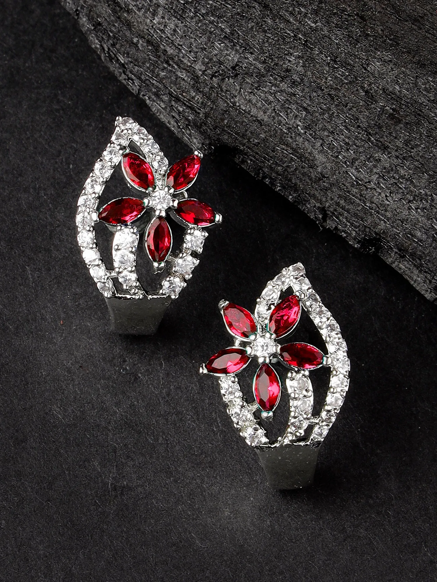 Karatcart Red Stones Silver Plated Floral Design AD Stud Earrings for Women