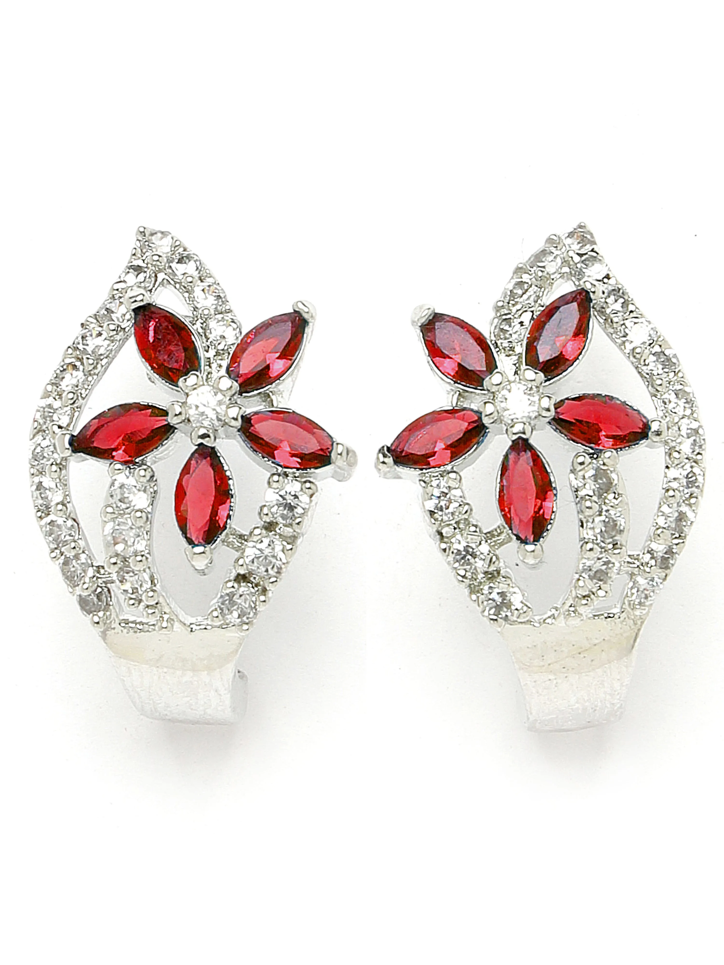 Karatcart Red Stones Silver Plated Floral Design AD Stud Earrings for Women