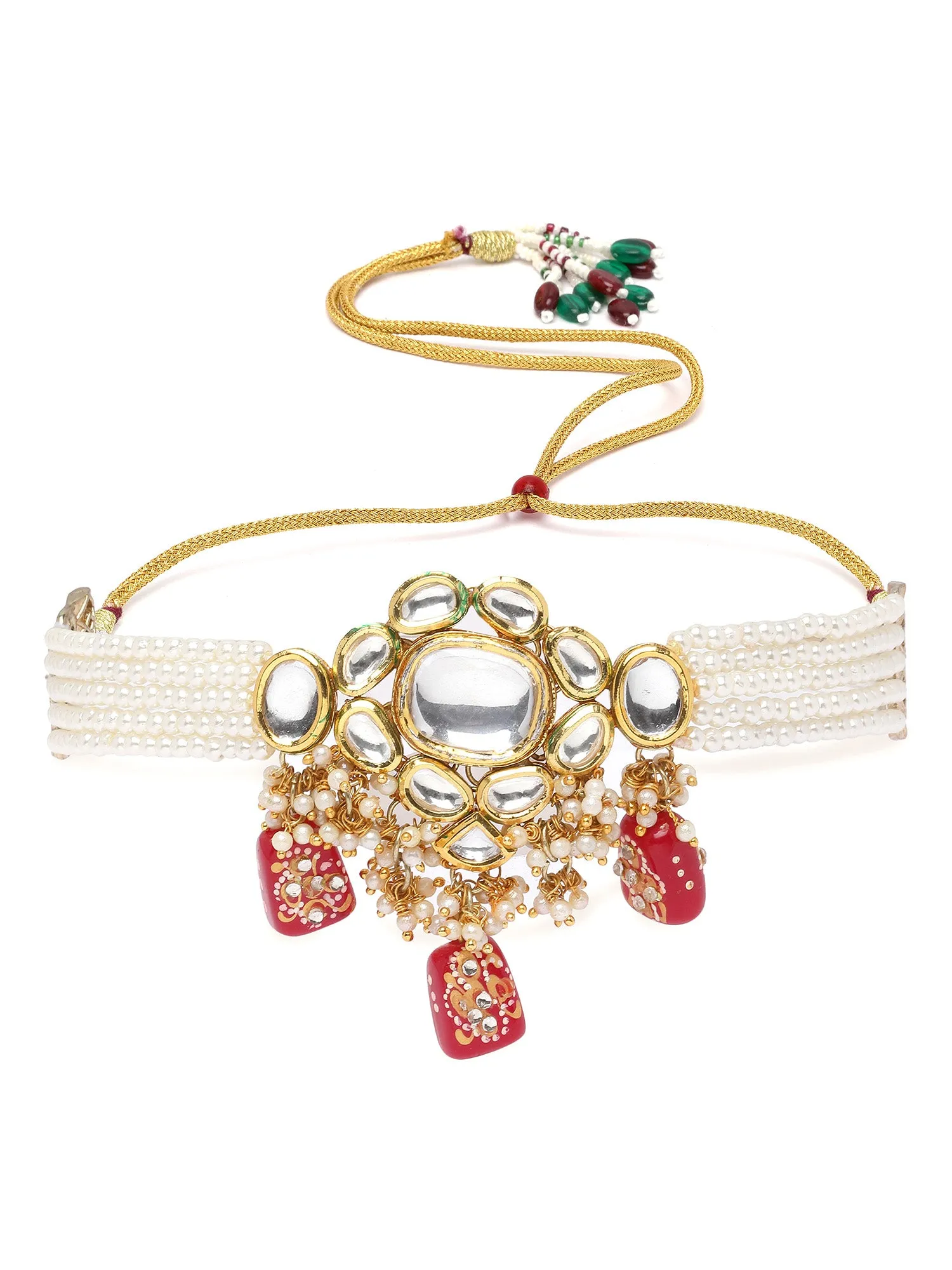 Karatcart Red Tumble and Pearl Studded Polki Kundan Choker Necklace Set for Women