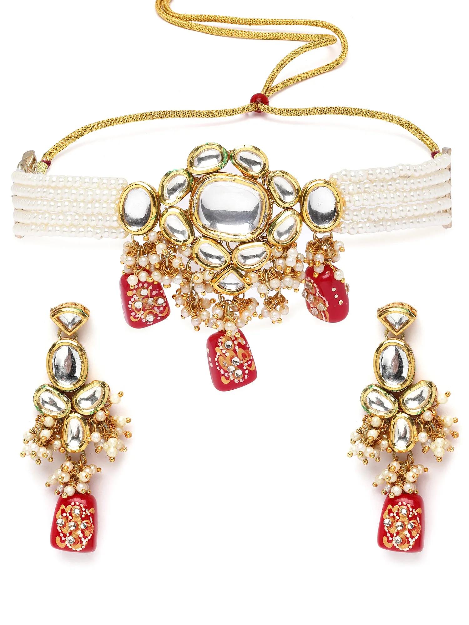 Karatcart Red Tumble and Pearl Studded Polki Kundan Choker Necklace Set for Women