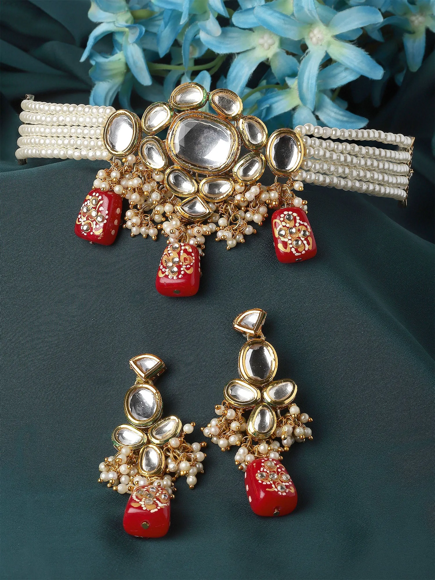Karatcart Red Tumble and Pearl Studded Polki Kundan Choker Necklace Set for Women
