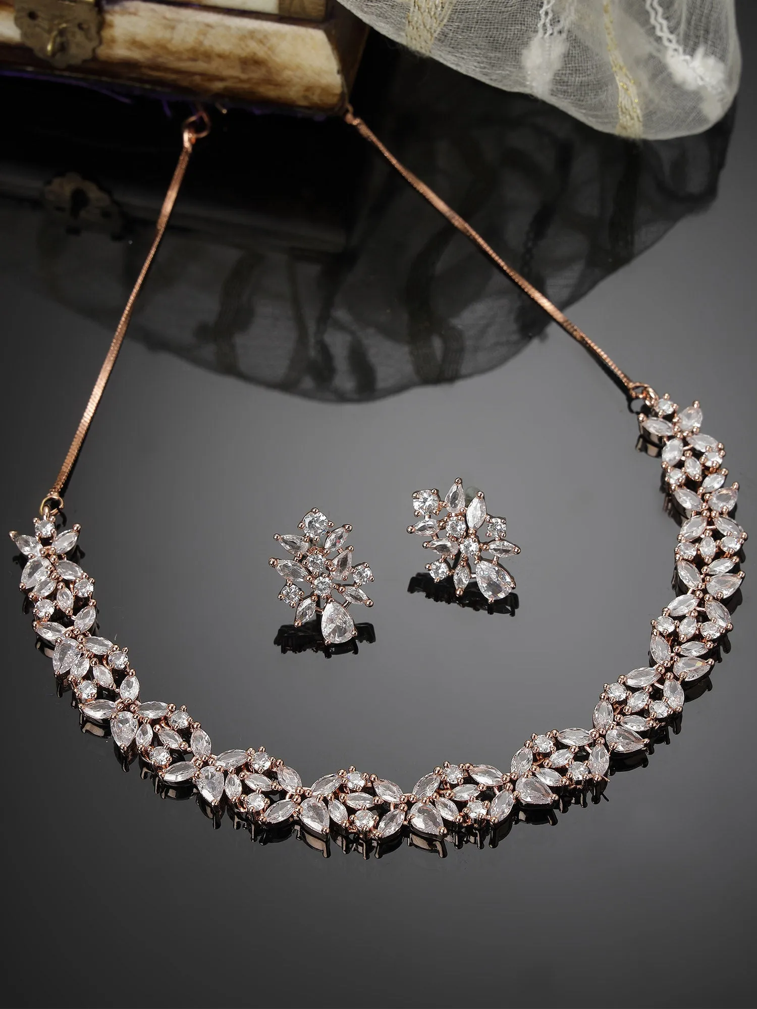Karatcart Rose Gold Plated American Diamond Necklace Set for Women