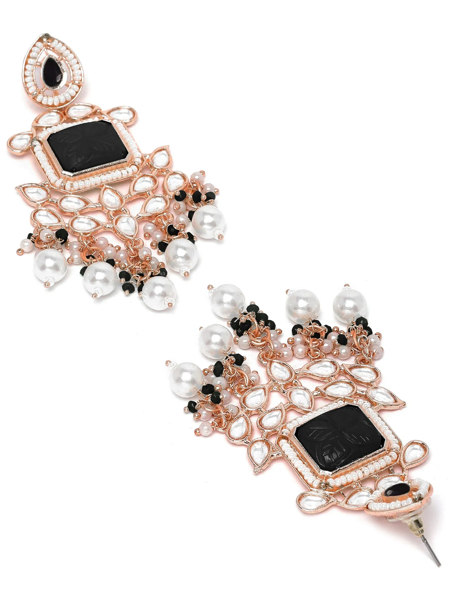 Karatcart Rose Gold Plated Black Carved Stone Kundan Drop Earrings for Women