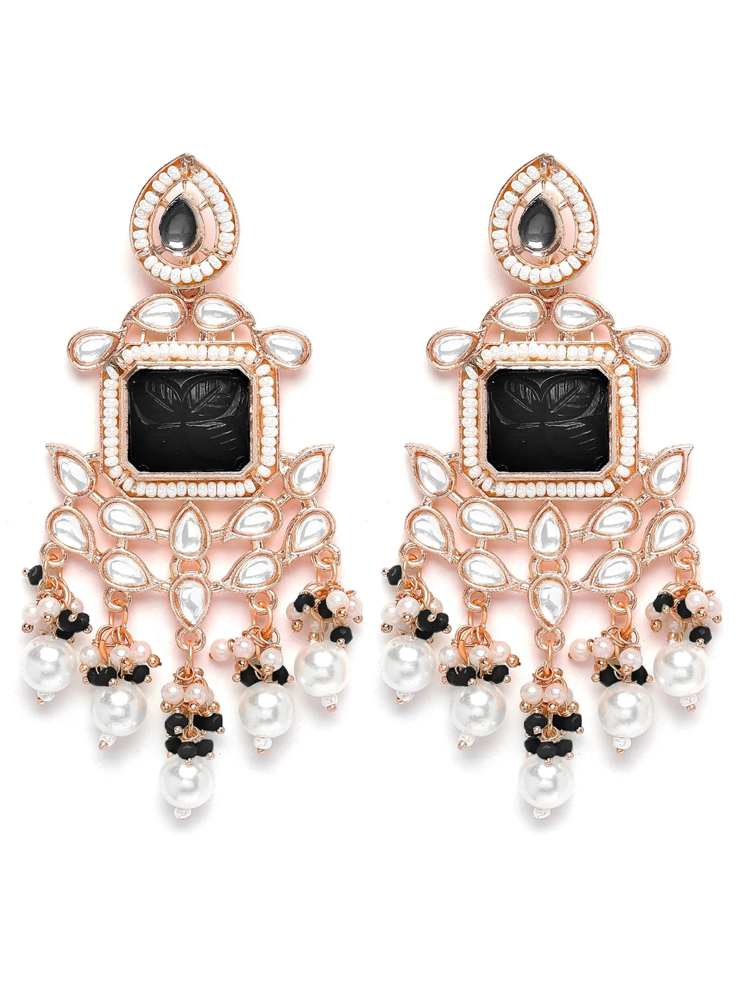 Karatcart Rose Gold Plated Black Carved Stone Kundan Drop Earrings for Women