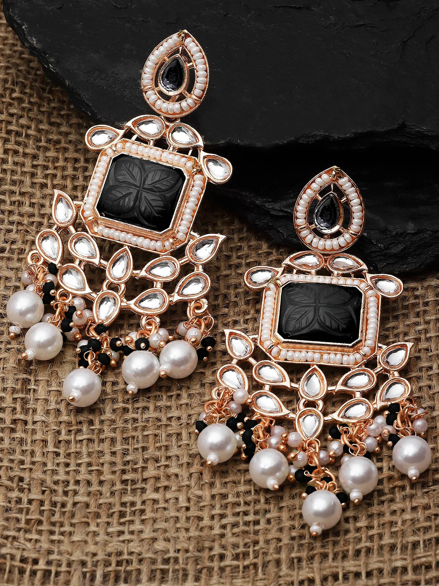 Karatcart Rose Gold Plated Black Carved Stone Kundan Drop Earrings for Women