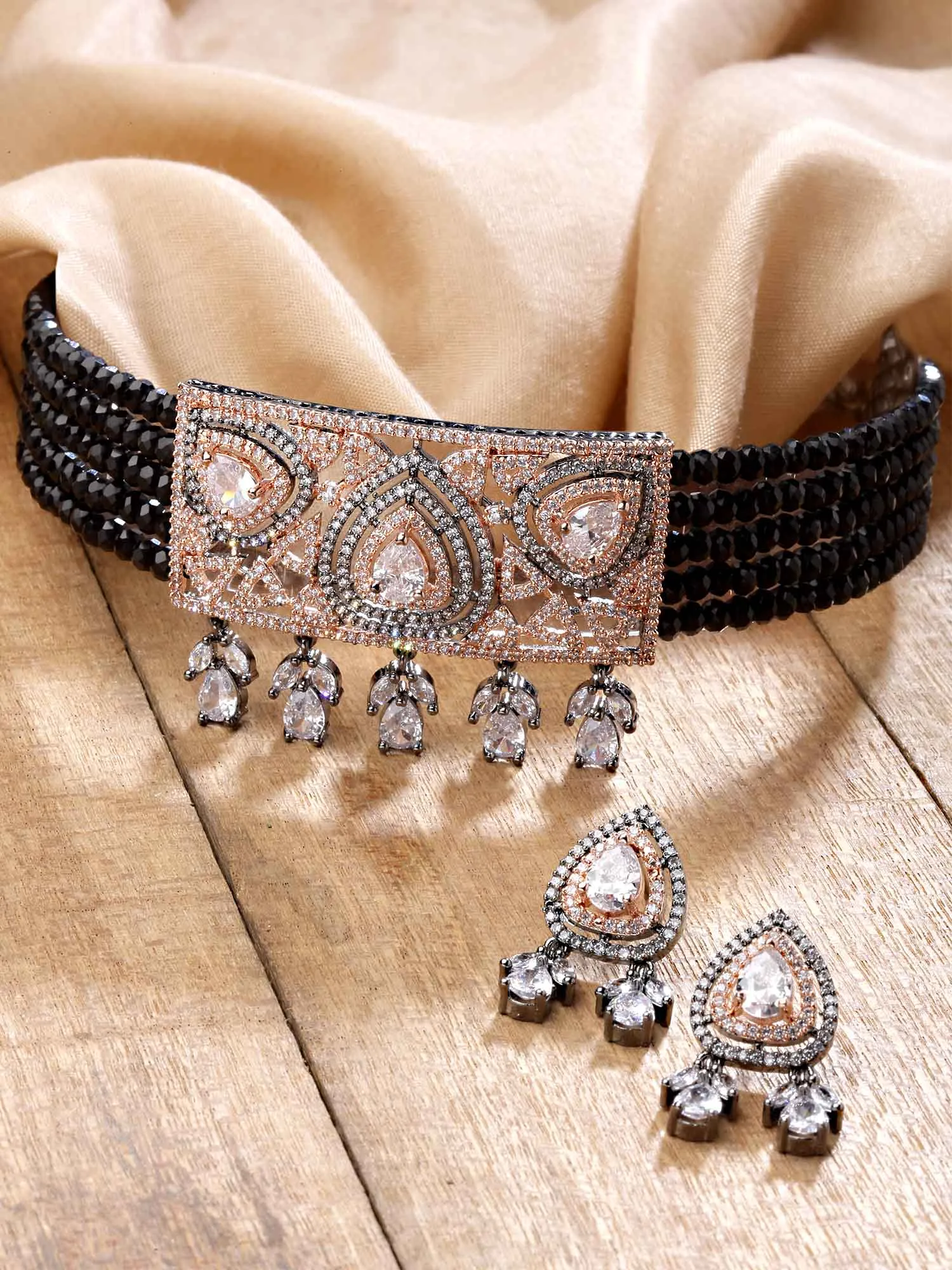 Karatcart Rose Gold Plated Black Crystal CZ Choker Necklace Set for Women
