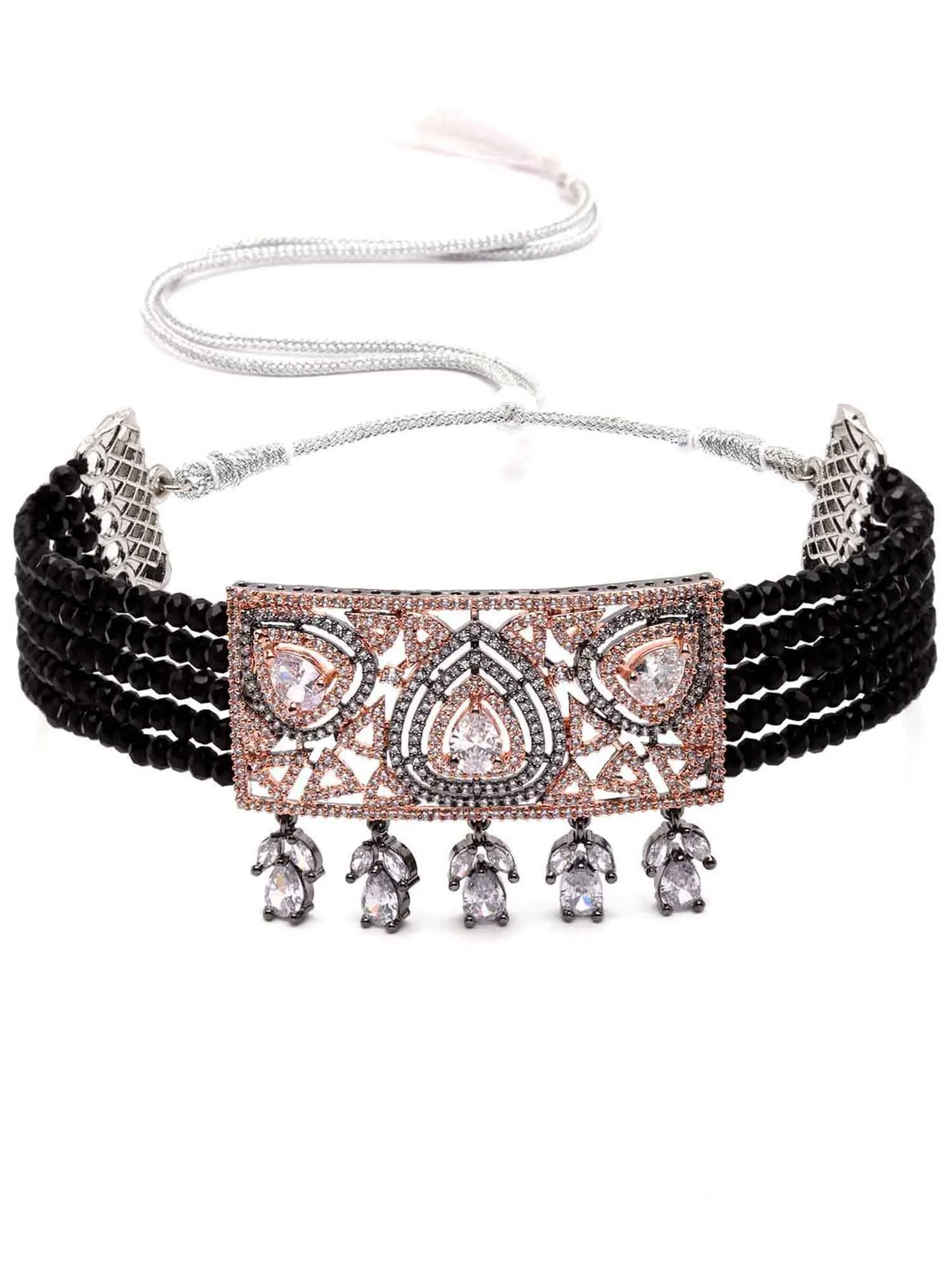 Karatcart Rose Gold Plated Black Crystal CZ Choker Necklace Set for Women
