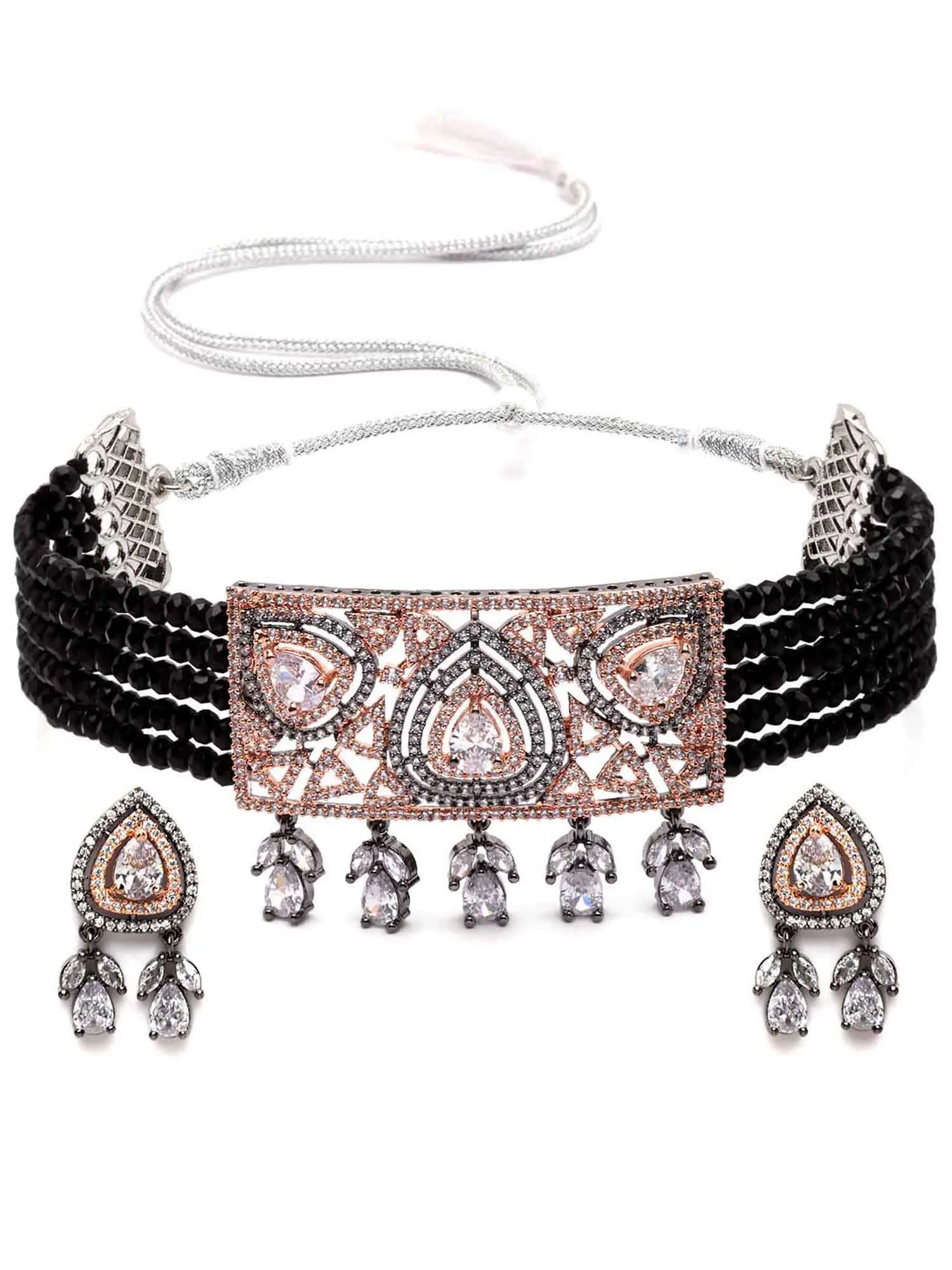 Karatcart Rose Gold Plated Black Crystal CZ Choker Necklace Set for Women