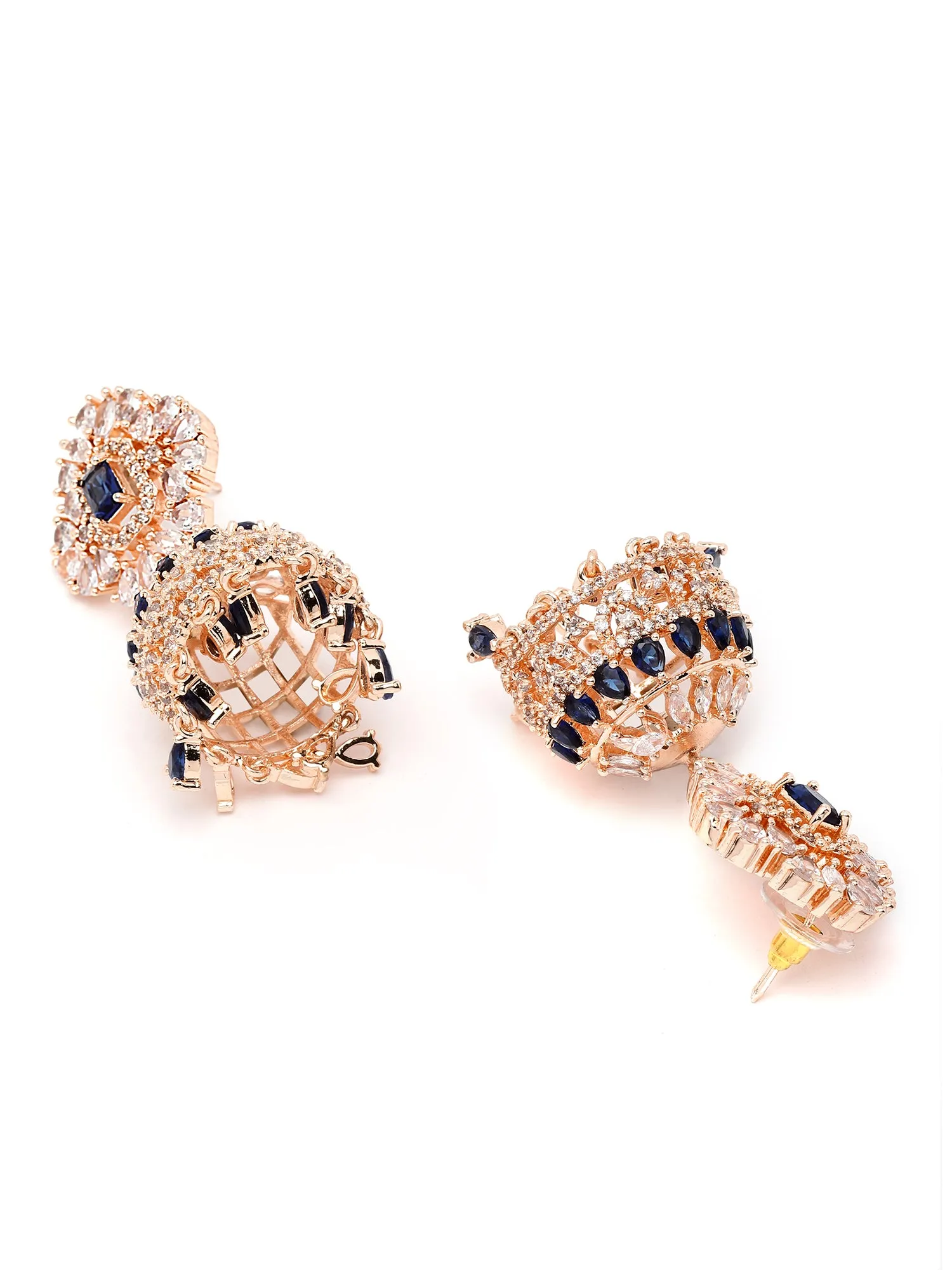 Karatcart Rose Gold Plated Blue and White CZ Studded Earrings with Maangtikka for Women