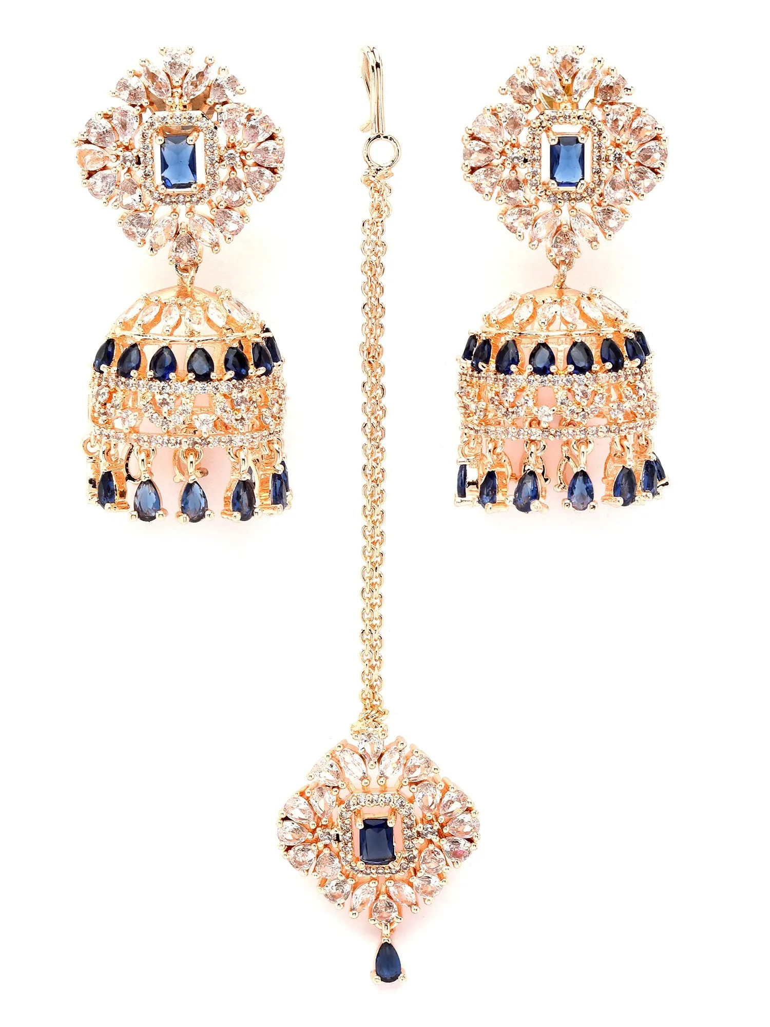 Karatcart Rose Gold Plated Blue and White CZ Studded Earrings with Maangtikka for Women