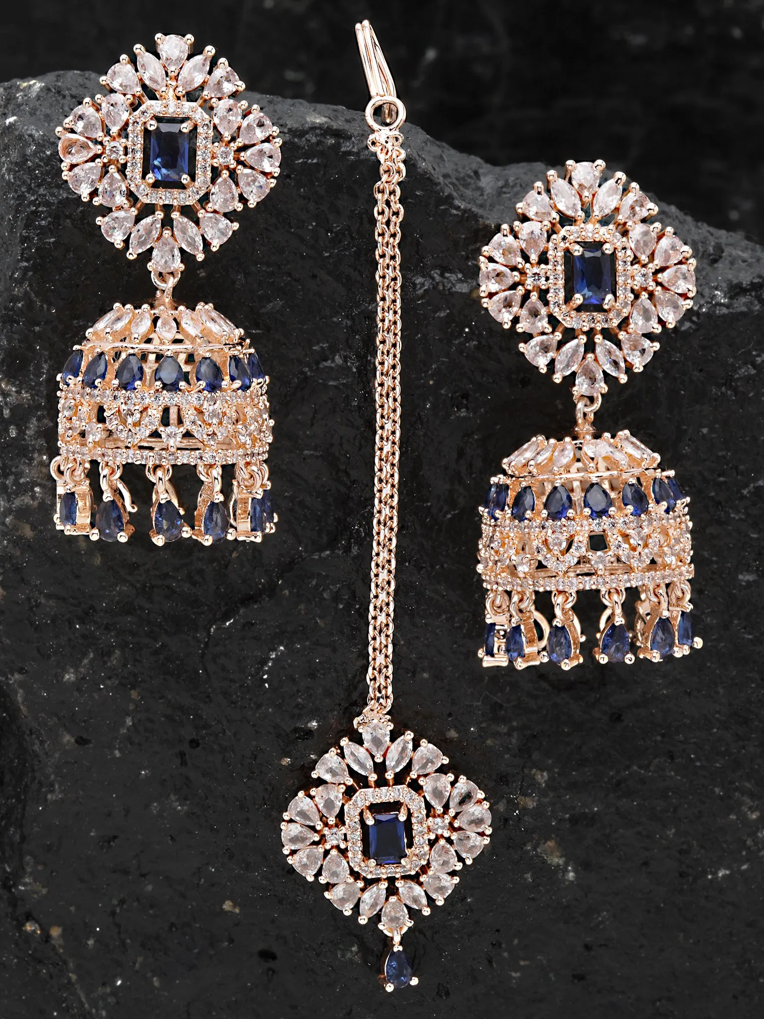 Karatcart Rose Gold Plated Blue and White CZ Studded Earrings with Maangtikka for Women