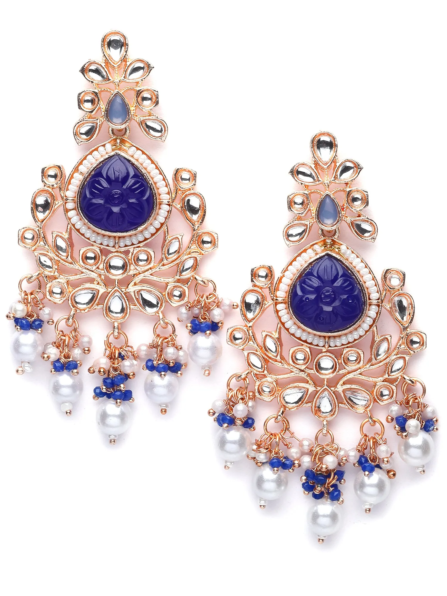 Karatcart Rose Gold Plated Blue Carved Stone Kundan Drop Earrings for Women