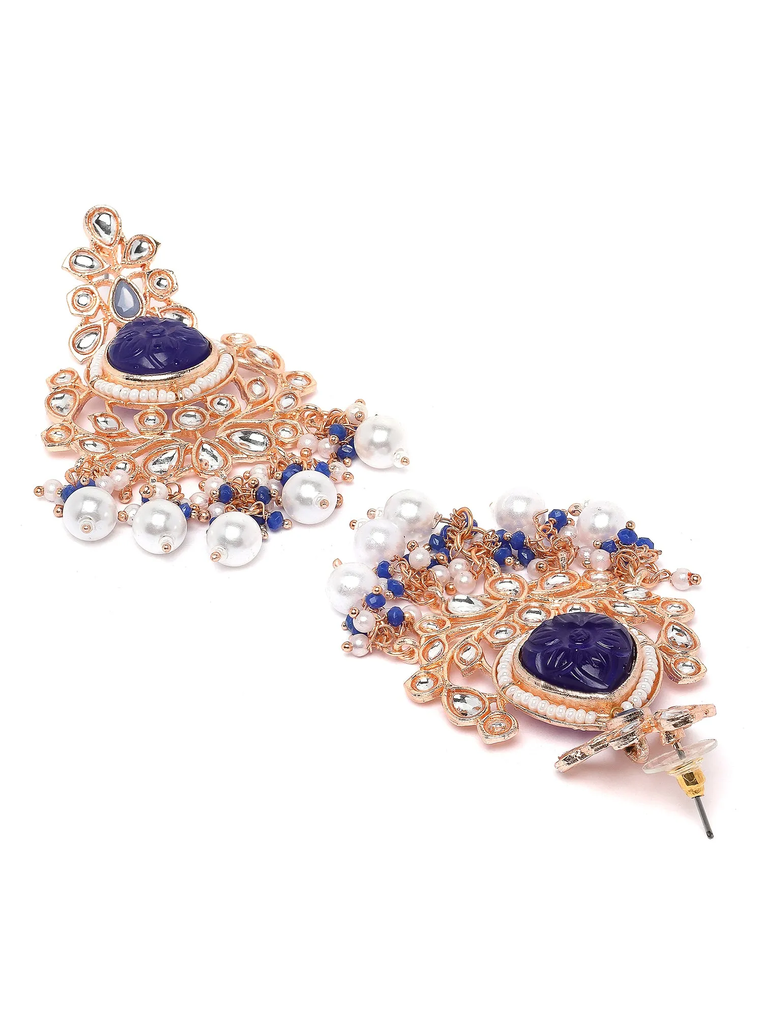 Karatcart Rose Gold Plated Blue Carved Stone Kundan Drop Earrings for Women