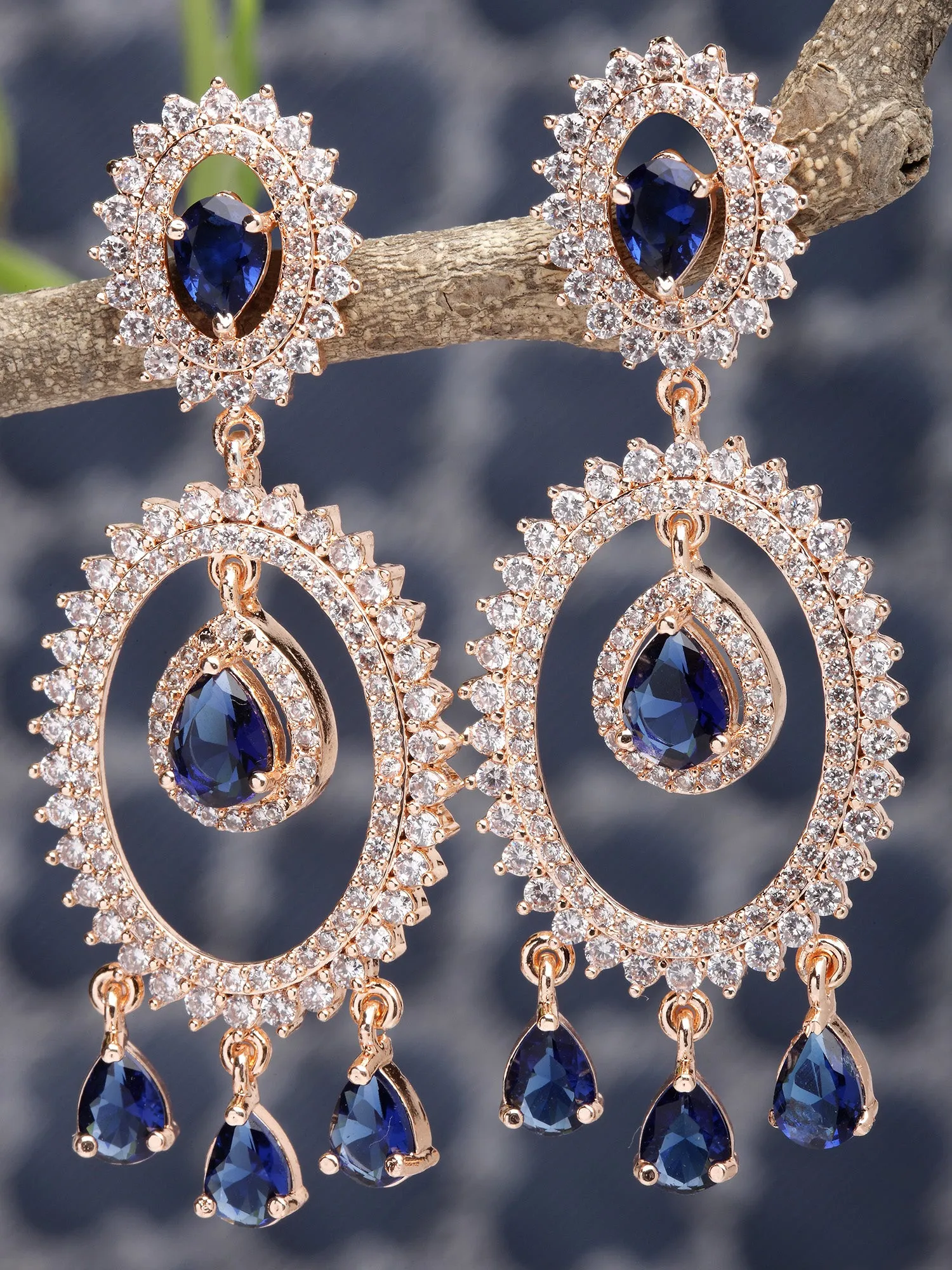 Karatcart Rose Gold Plated Blue Cubic Zirconia Studded Dangler Earrings for Women