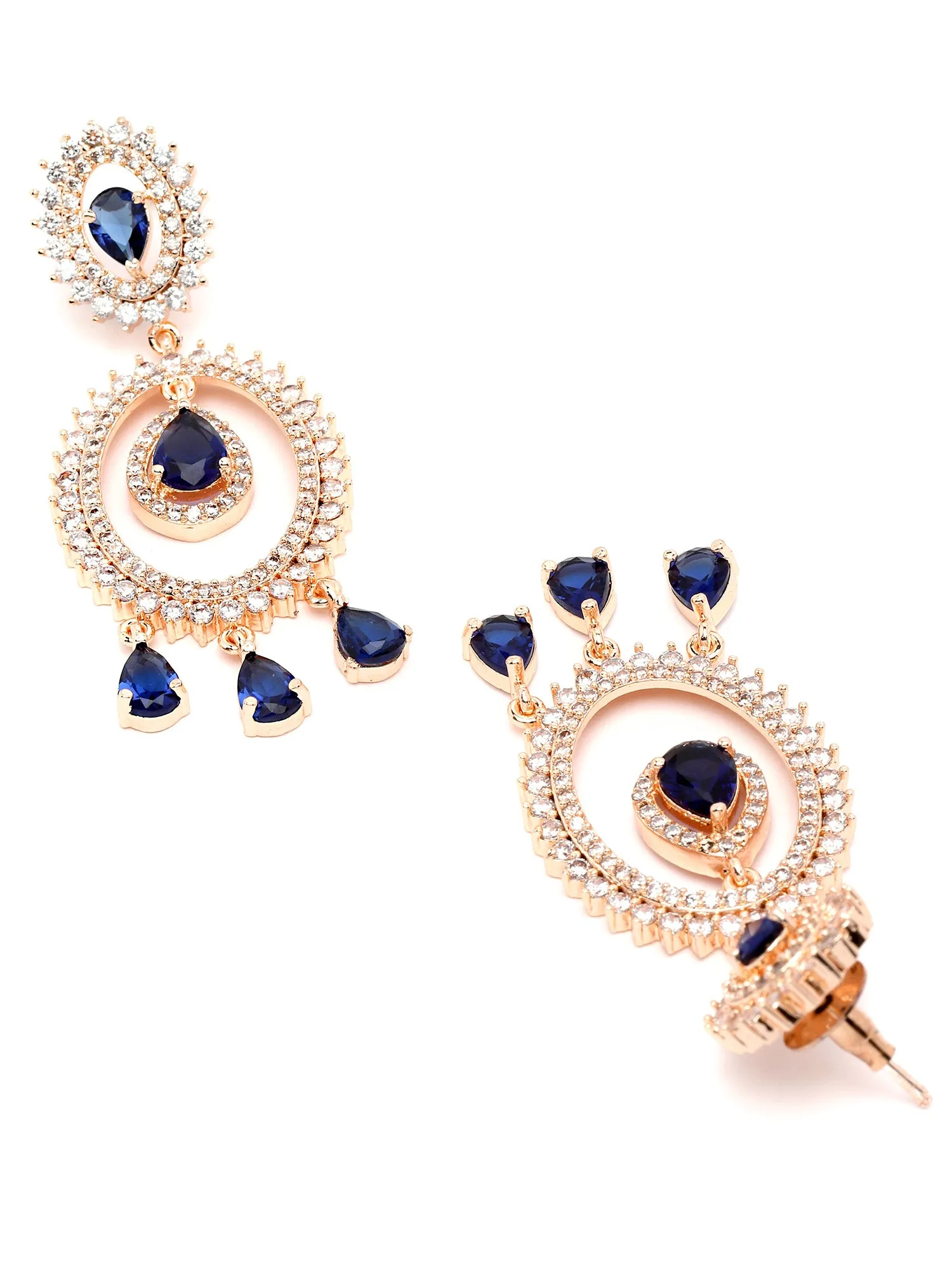 Karatcart Rose Gold Plated Blue Cubic Zirconia Studded Dangler Earrings for Women