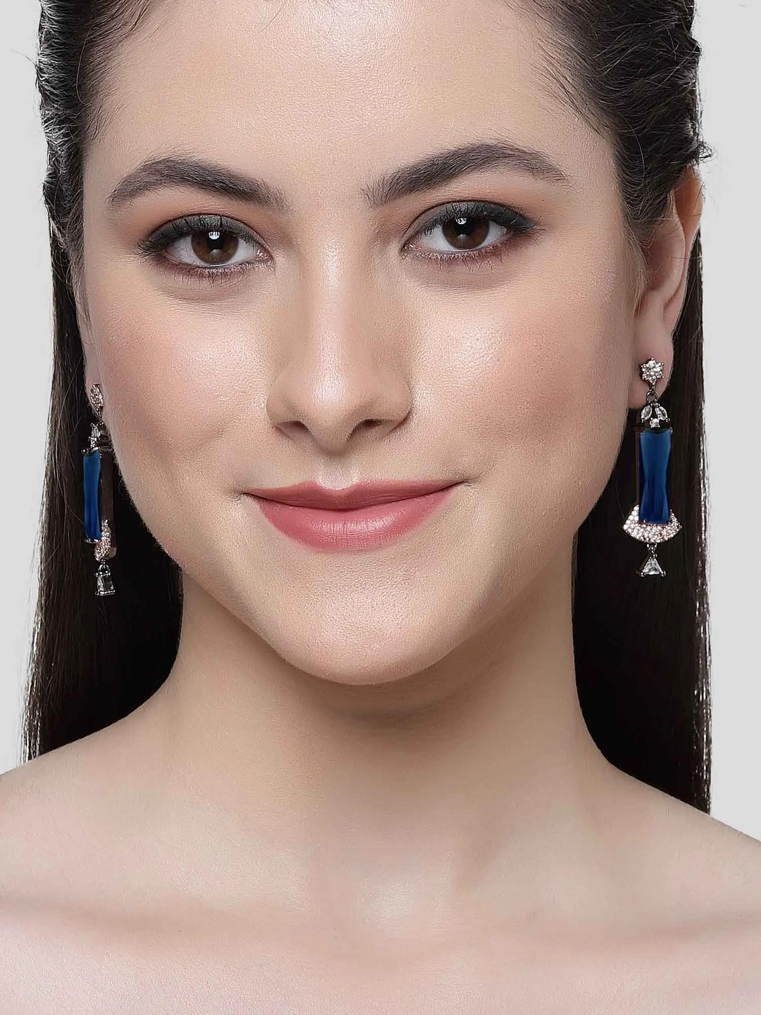 Karatcart Rose Gold Plated Blue Cubic Zirconia Studded Drop Earrings for Women