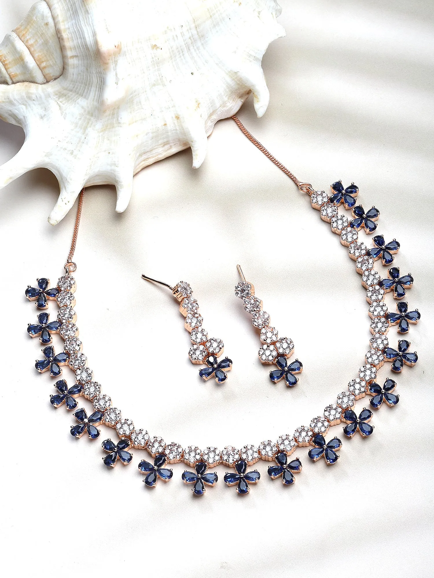 Karatcart Rose Gold Plated Blue Cubic Zirconia Studded Floral Design Necklace Set for Women