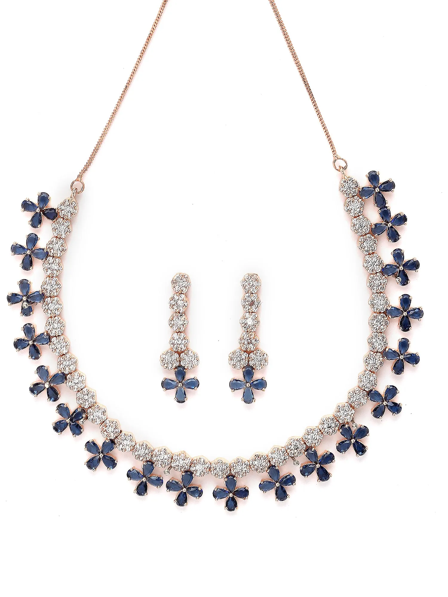 Karatcart Rose Gold Plated Blue Cubic Zirconia Studded Floral Design Necklace Set for Women