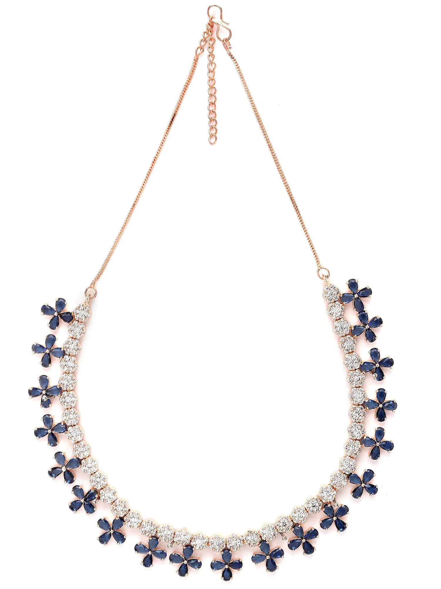 Karatcart Rose Gold Plated Blue Cubic Zirconia Studded Floral Design Necklace Set for Women