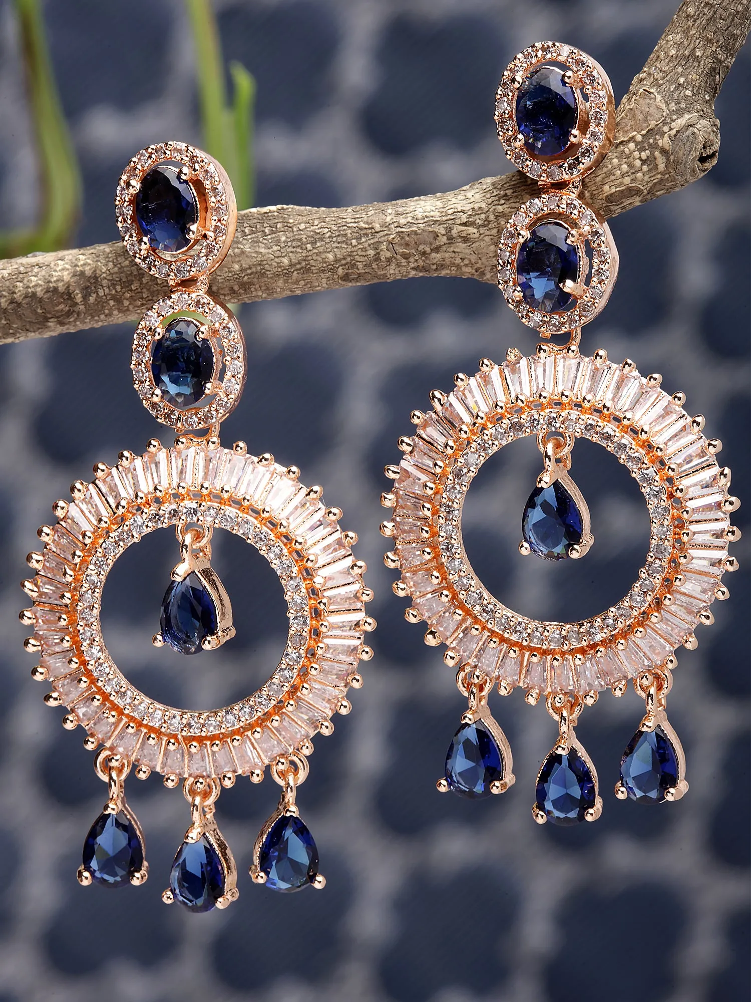 Karatcart Rose Gold Plated Blue Cubic Zirconia Studded Hoop Dangler Earrings for Women