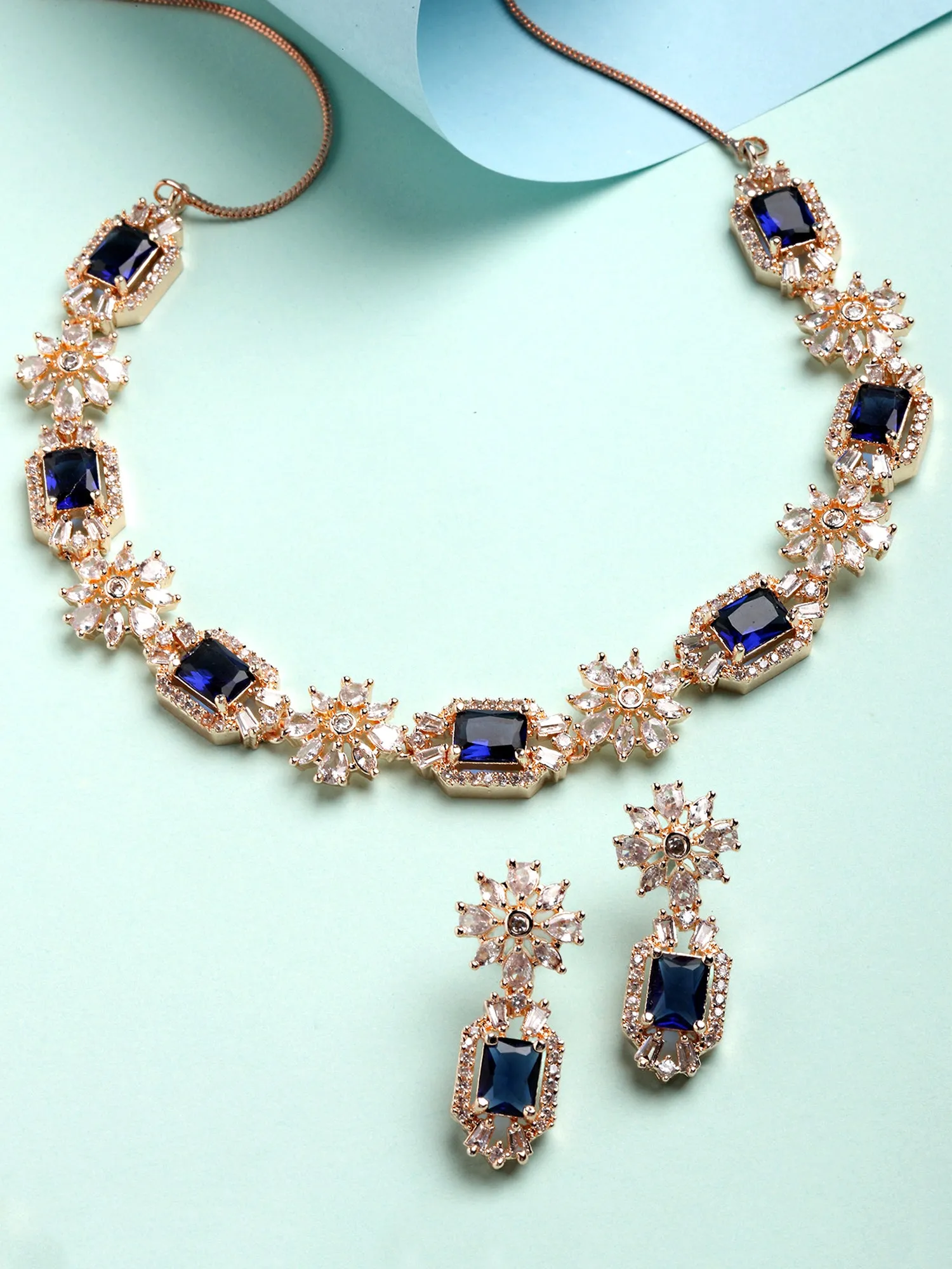 Karatcart Rose Gold Plated Blue Cubic Zirconia Studded Necklace Set