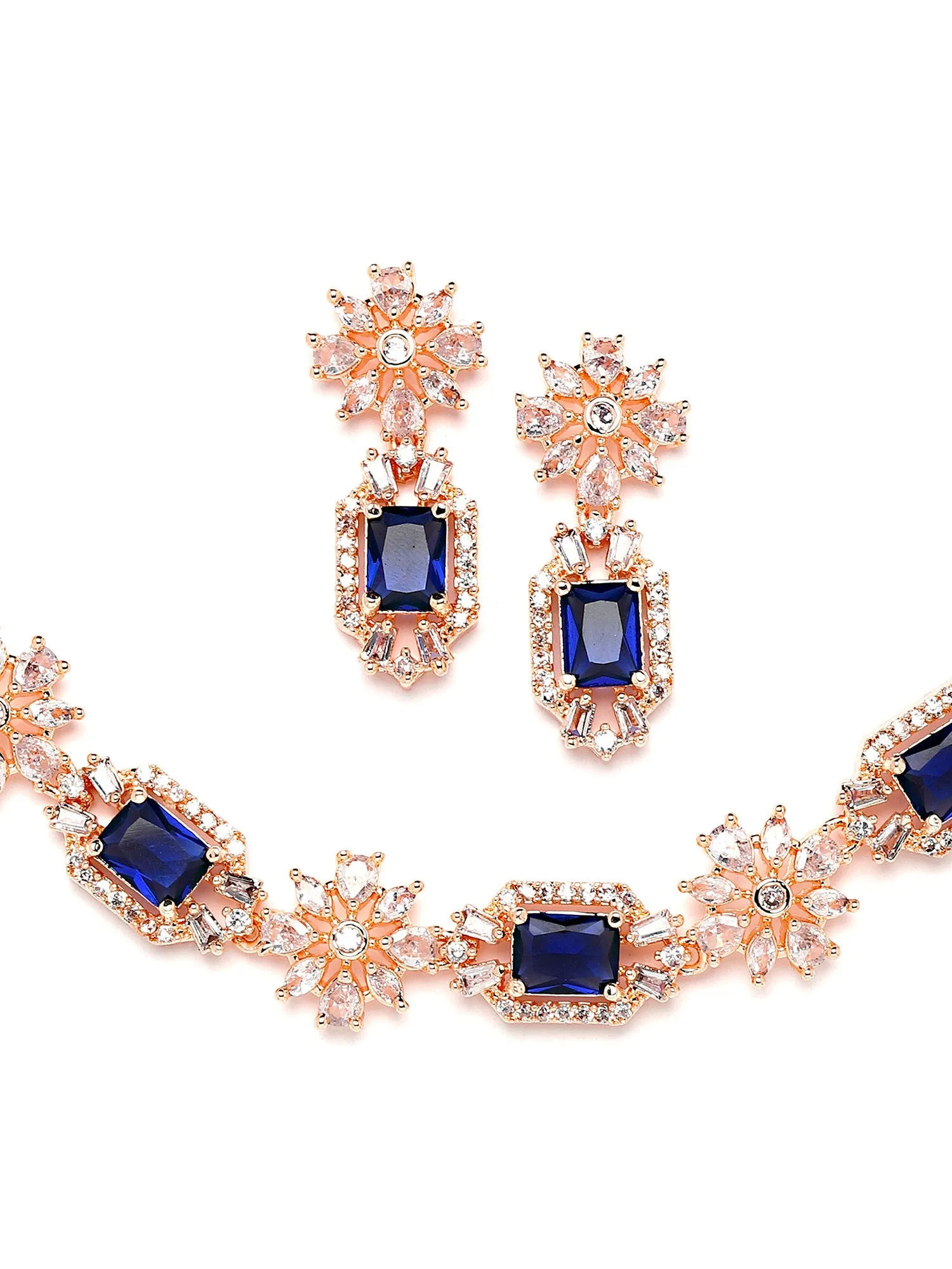 Karatcart Rose Gold Plated Blue Cubic Zirconia Studded Necklace Set
