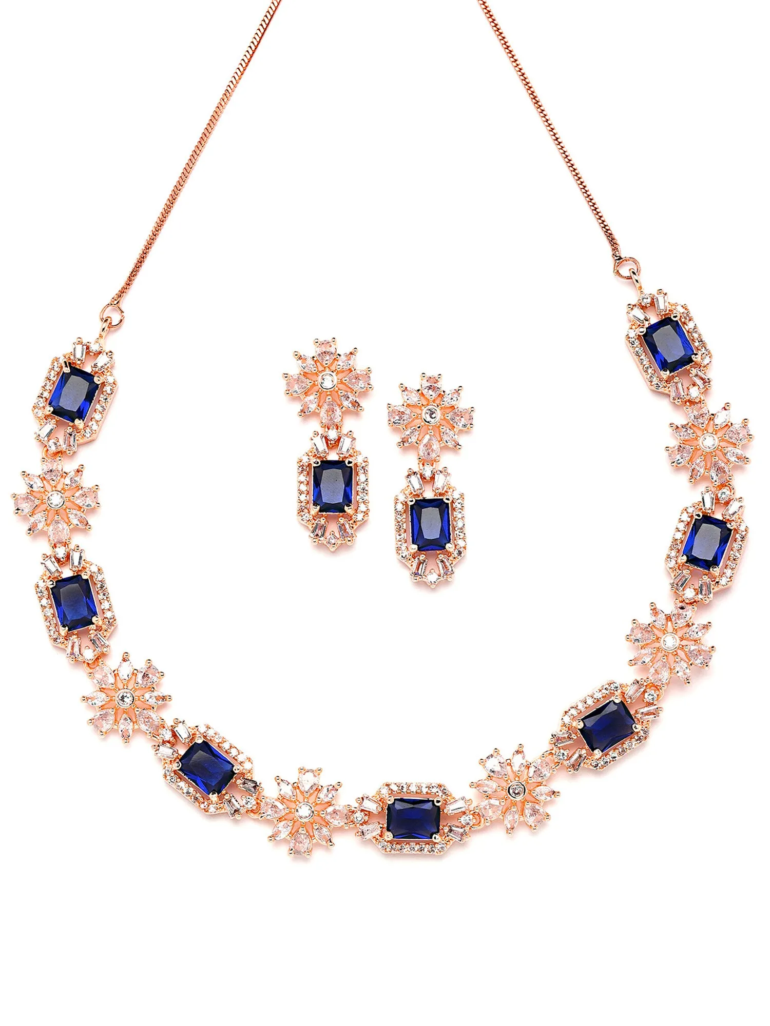 Karatcart Rose Gold Plated Blue Cubic Zirconia Studded Necklace Set
