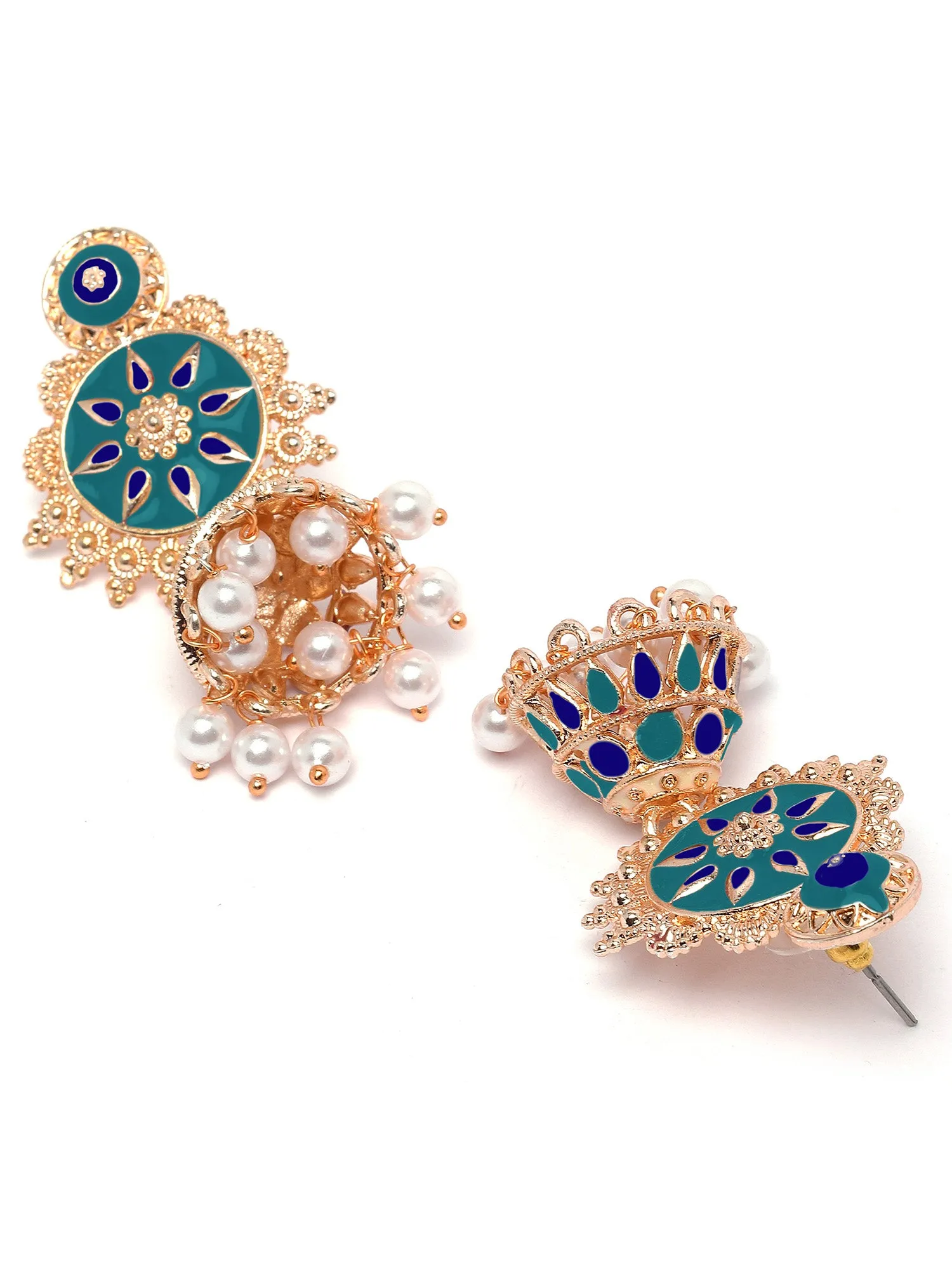Karatcart Rose Gold Plated Blue Meena Floral Jhumki Earrings for Women