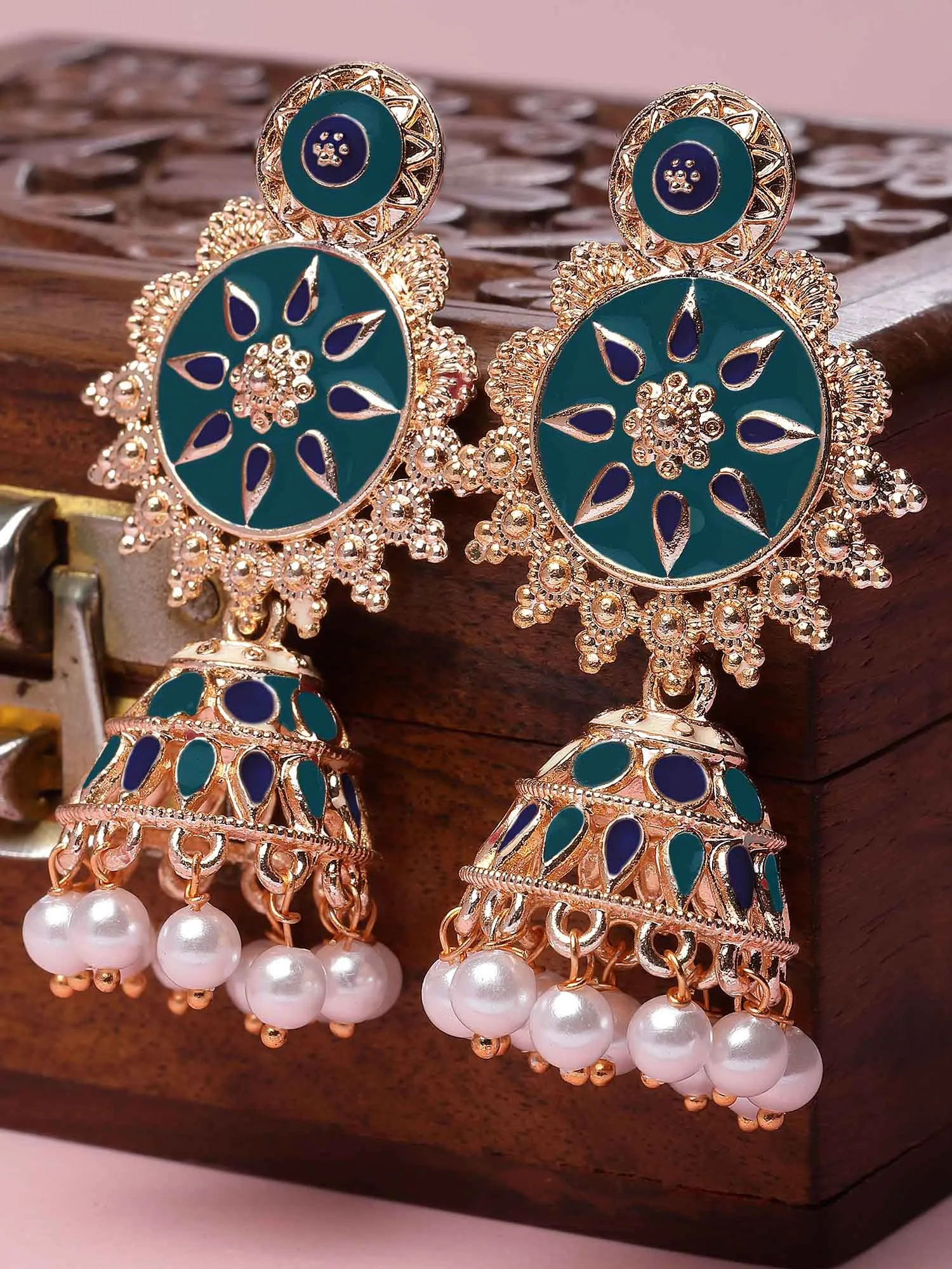 Karatcart Rose Gold Plated Blue Meena Floral Jhumki Earrings for Women