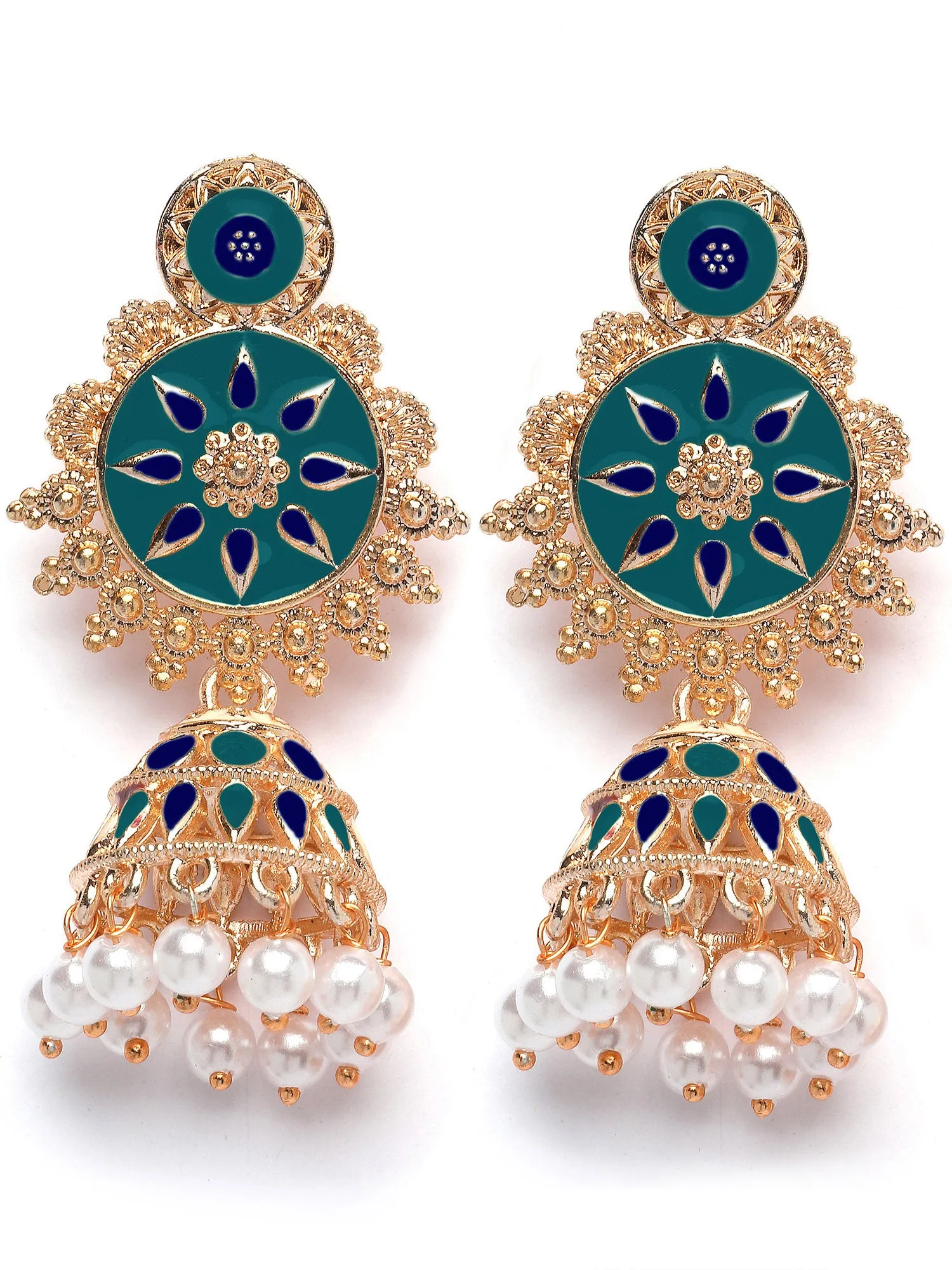 Karatcart Rose Gold Plated Blue Meena Floral Jhumki Earrings for Women