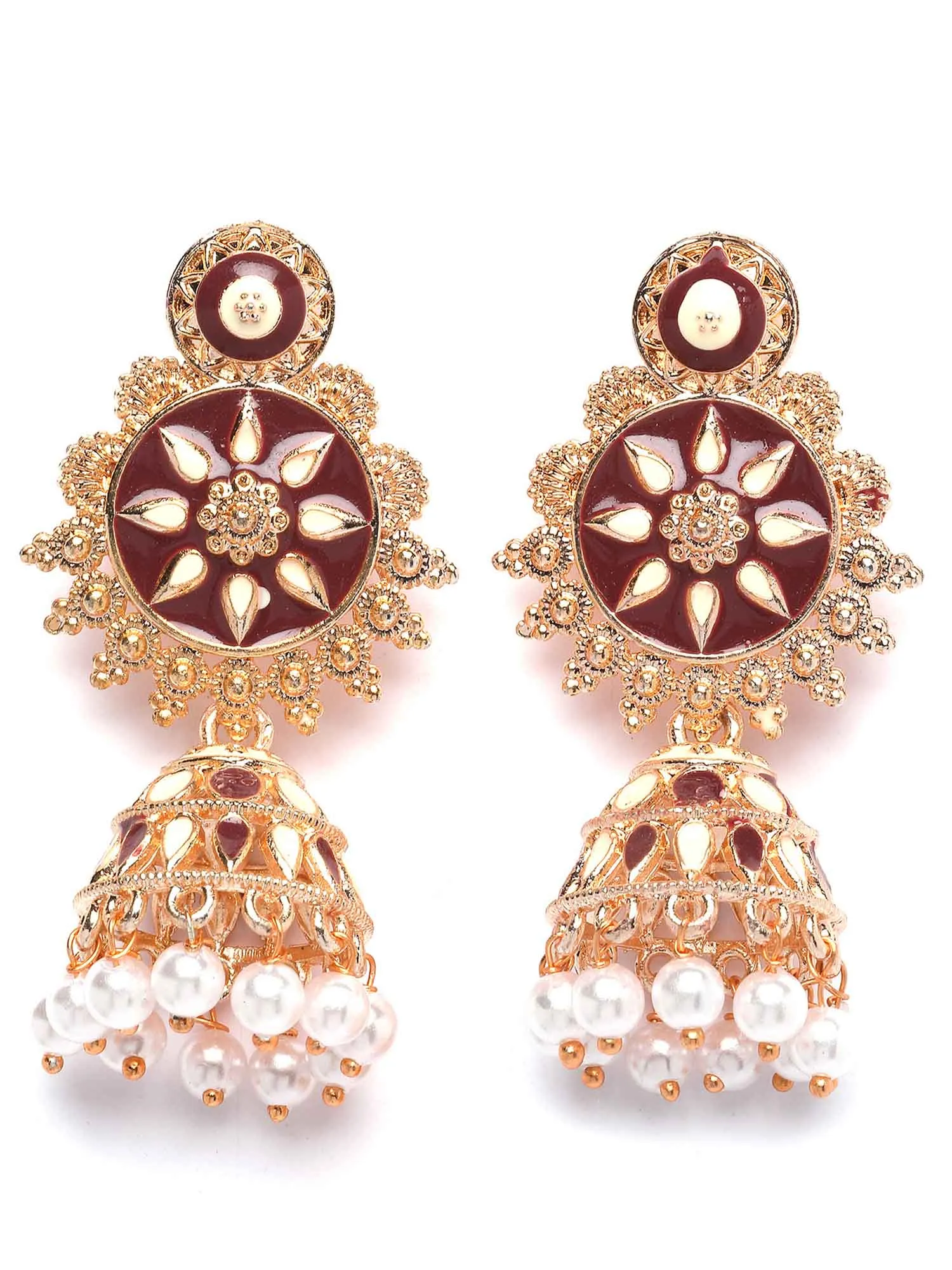 Karatcart Rose Gold Plated Brown and Cream Meena Floral Jhumki Earrings for Women