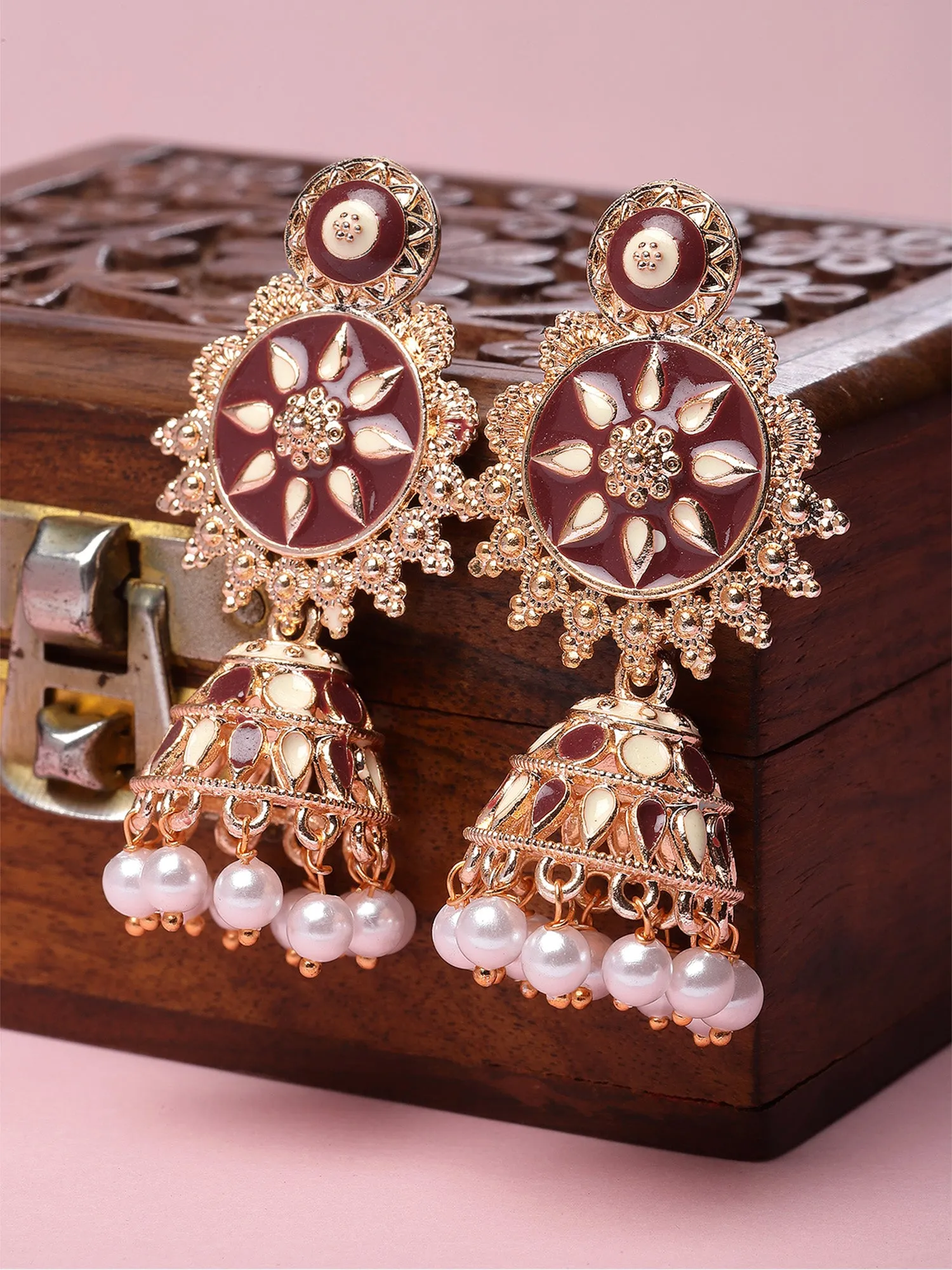 Karatcart Rose Gold Plated Brown and Cream Meena Floral Jhumki Earrings for Women