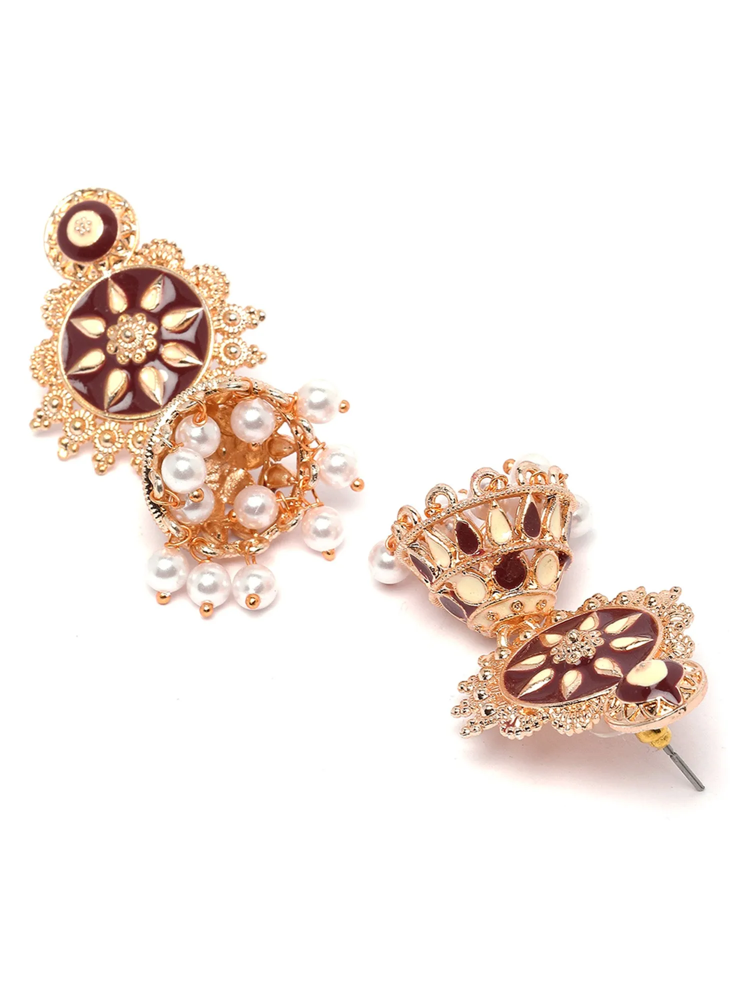 Karatcart Rose Gold Plated Brown and Cream Meena Floral Jhumki Earrings for Women